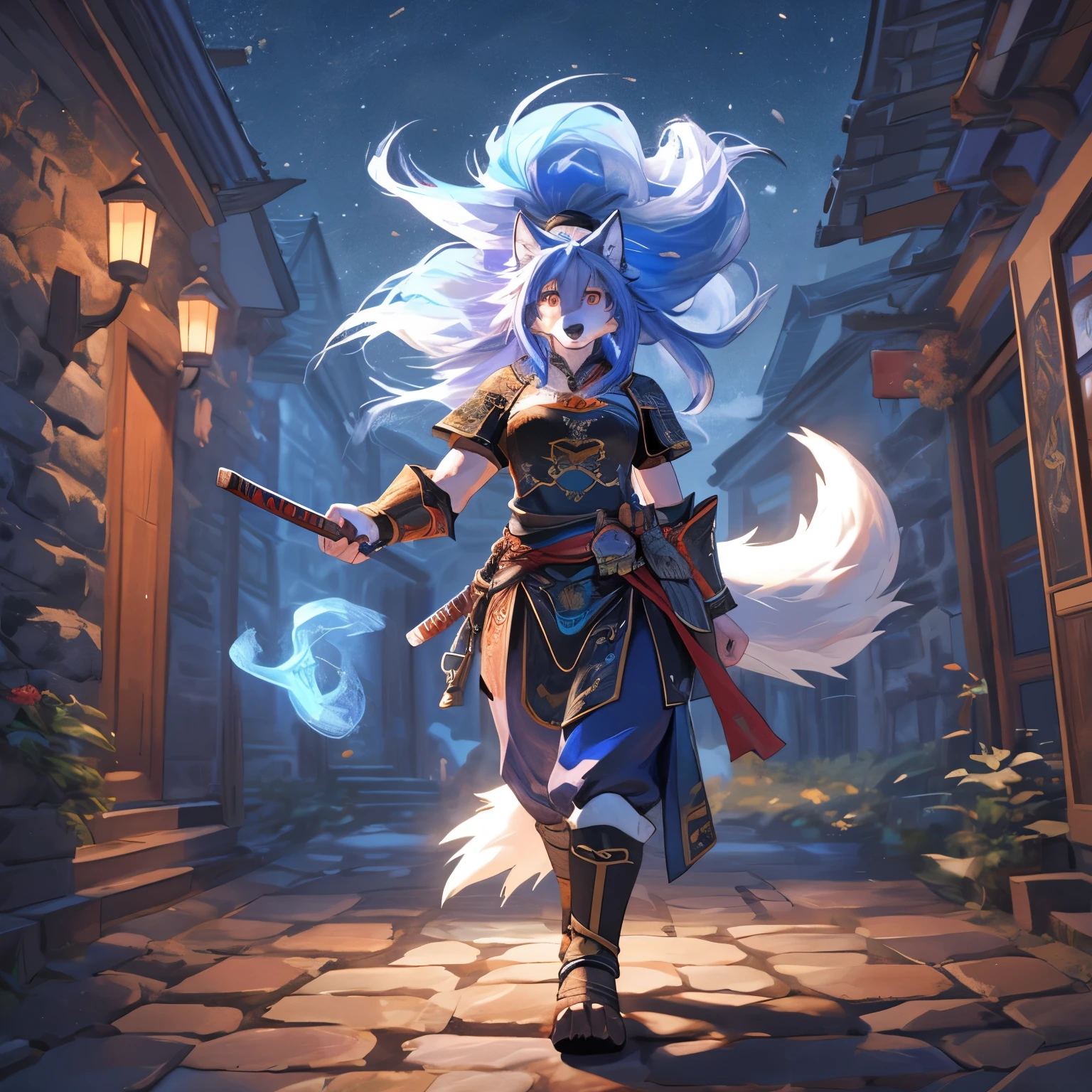 woman, hairy woman, wolf woman, full body portrait, full fur, magic fur, full tail, big tail, magic tail, magic hair, long hair, bushy hair, almond eyes, worried face, warrior outfit, large katana, exterior decor, fight scene,