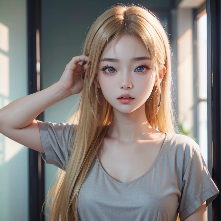 Asian young woman in its 20th with blond hair and light grey eyes.