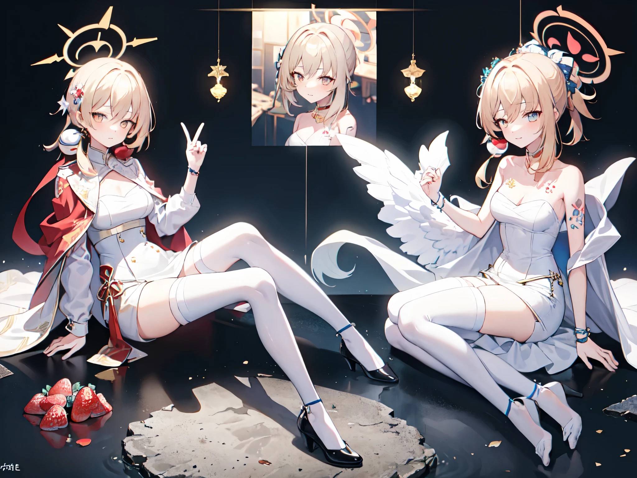 1girl, single person, Yoimiya, strawberry blonde hair, golden eyes, white prom dress, white thigh high, long hair, halo, blue archive, roses on the ground, white background, studio lighting, poster, elegance, sitting post, photoshoot