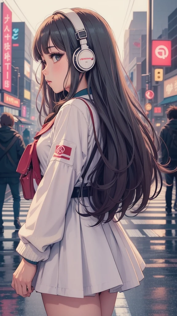 (masterpiece), (highest quality:1.4), (ultra high resolution:1.2),  super detailed background, (unity 8k wallpaper),Shibuya Ward、city pop、(headphones:1.2)、masterpiece, (anime girl alone:1.3), incredibly absurd, sailor suit,pedestrian crossing, outdoor, rain, Tokyo, neon light.high school girl、profile、whole body、
