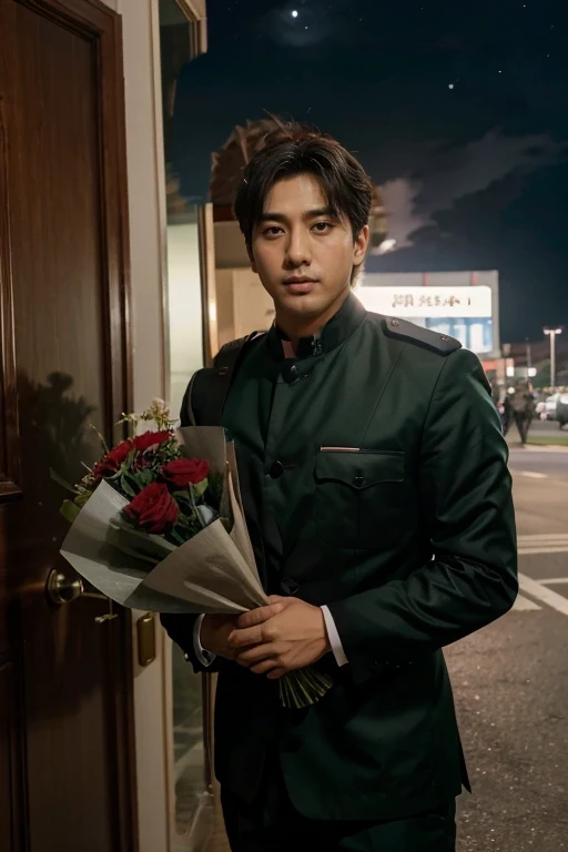 Kim Seokjin de BTS una persona masculina con rasgos asiaticos de corea del sur. Tiene puesto un uniforme del ejercito militar de combate de color verde. Tiene el cabello peinado hacia atras. Has facial skin without any imperfection. No tiene barba. Es alto y tiene musculos que se puede notar atraves de su uniforme. A very dark night can be seen behind HIM, with a sky with many stars and the big Full Moon shining brightly behind it.