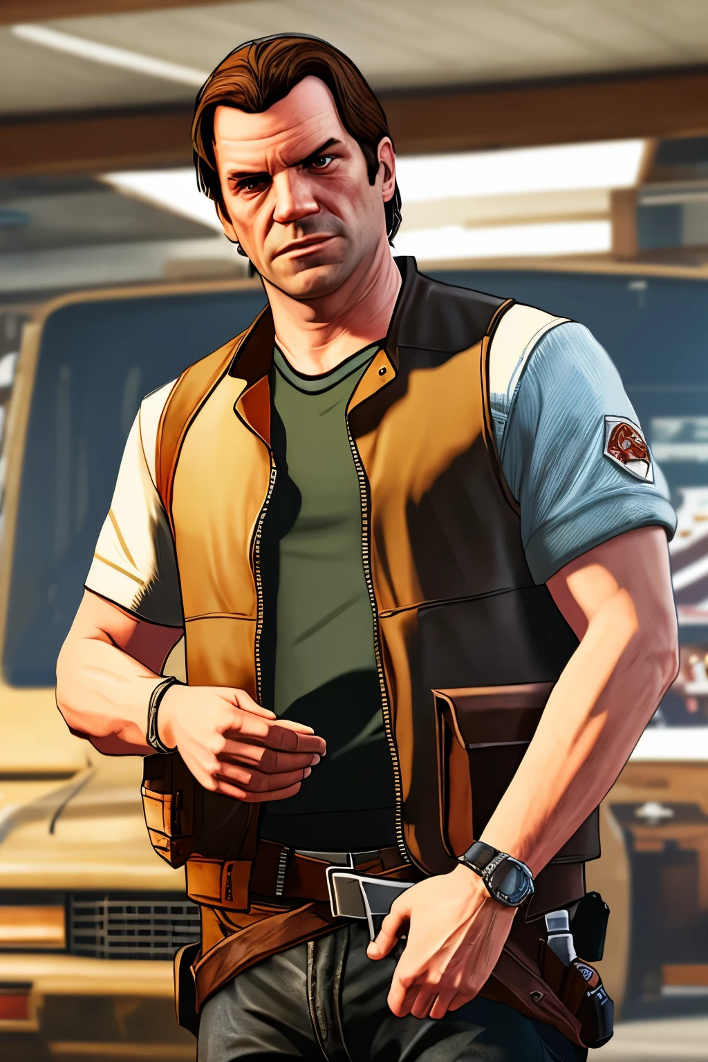 generate a grand theft auto 5 style image of a smuggler with a package of drugs in his hands