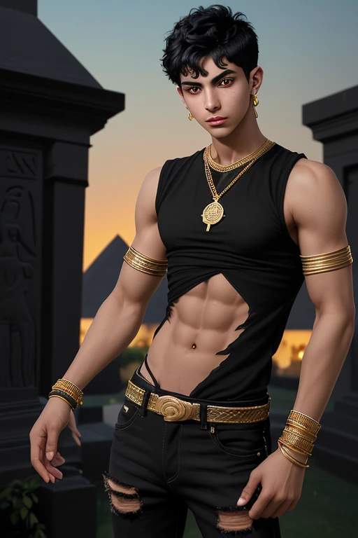 20-year-old boy, short black hair, Egyptian skin, black sleeveless shirt with Egyptian print, slim muscular build, black jeans, looking straight at the viewer, green eyes, Egyptian scarab medallion, golden bracelets on both arms in the background of a cemetery at night