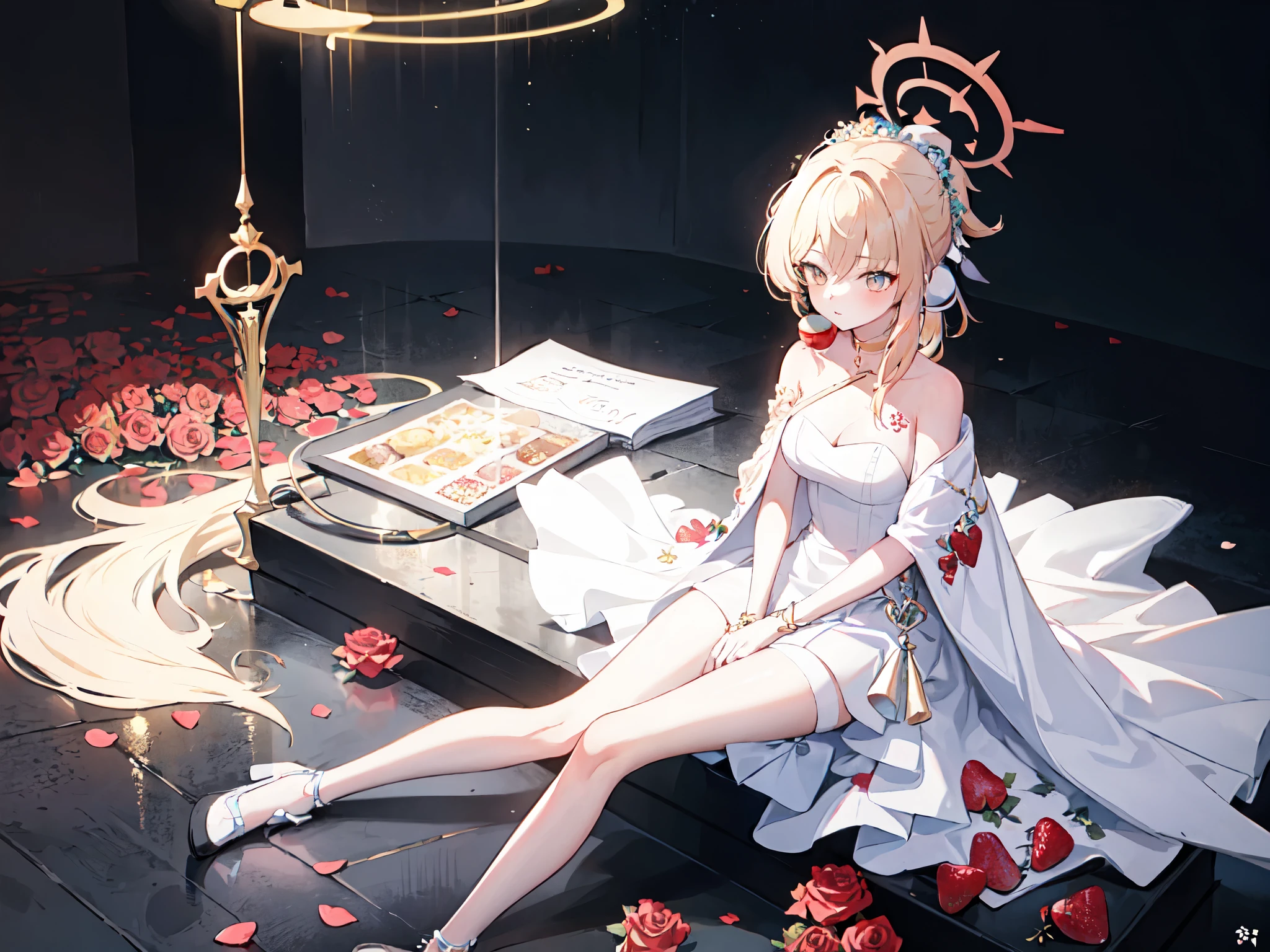 1girl, single person, hide hands, Yoimiya, strawberry blonde hair, golden eyes, white prom dress, white thigh high, long hair, halo, blue archive, roses on the ground, white background, studio lighting, poster, elegance, sitting post, photoshoot