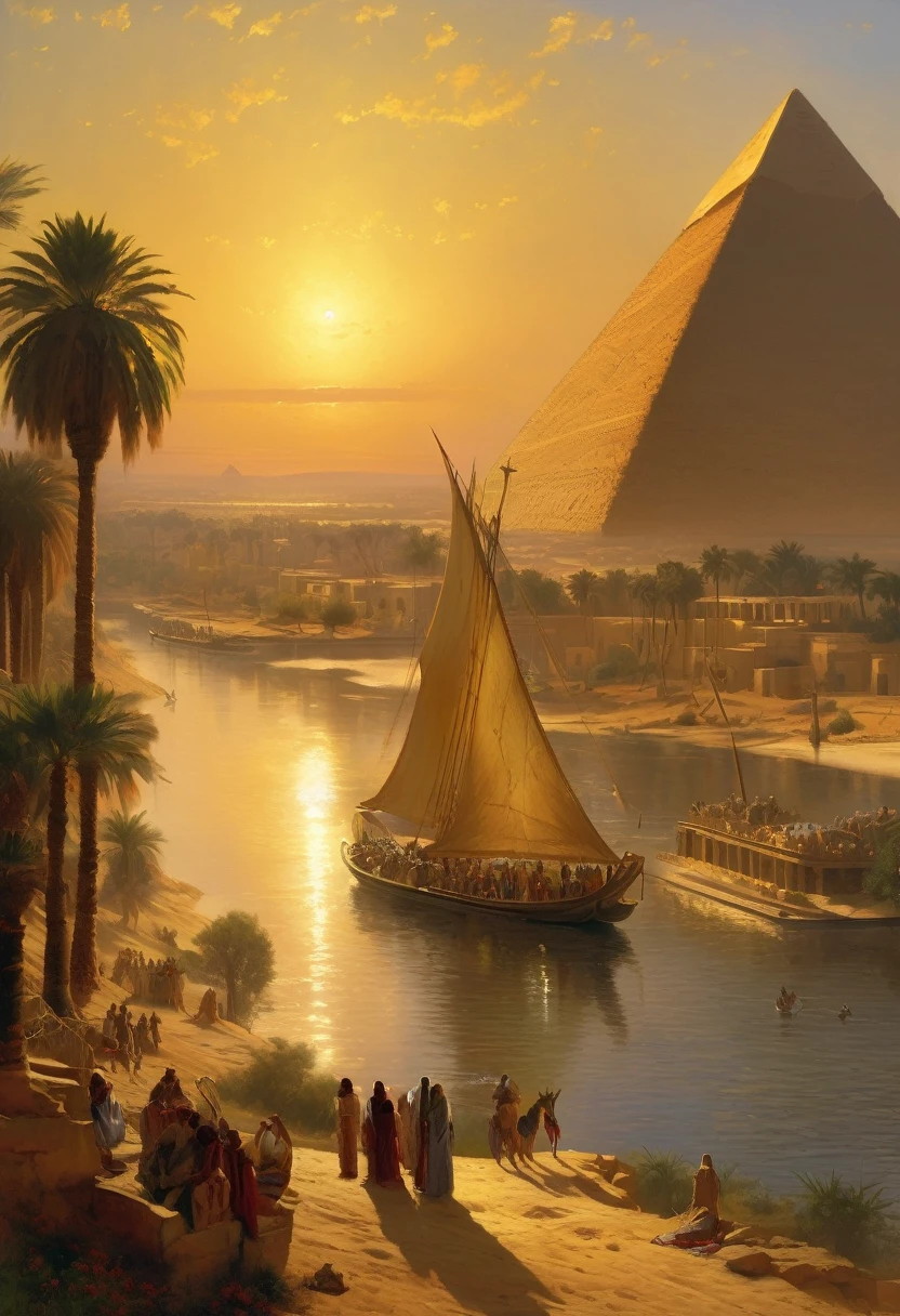 "Ancient eygpt with the pyramids in the background and the nile river in the foreground :: a breathtaking intricate and highly detailed oil painting illustration artwork by Frederick Goodall + Carl Wuttke + Johann Jakob Frey + Pino Daeni :: golden hour, heavenly rays :: masterpiece, 8k resolution, trending on artstation, dramatic, sharp focus, 