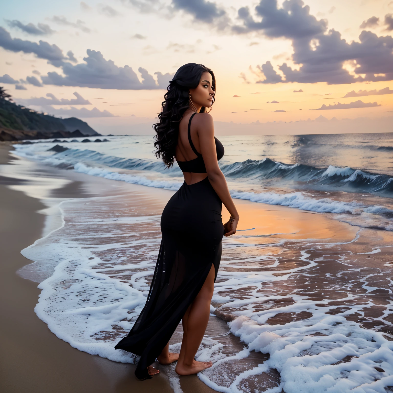 Mulher negra, bunda grande, vestido longo, na praia, a noite, lua cheia. Cabelos crespos. Rose in hands 