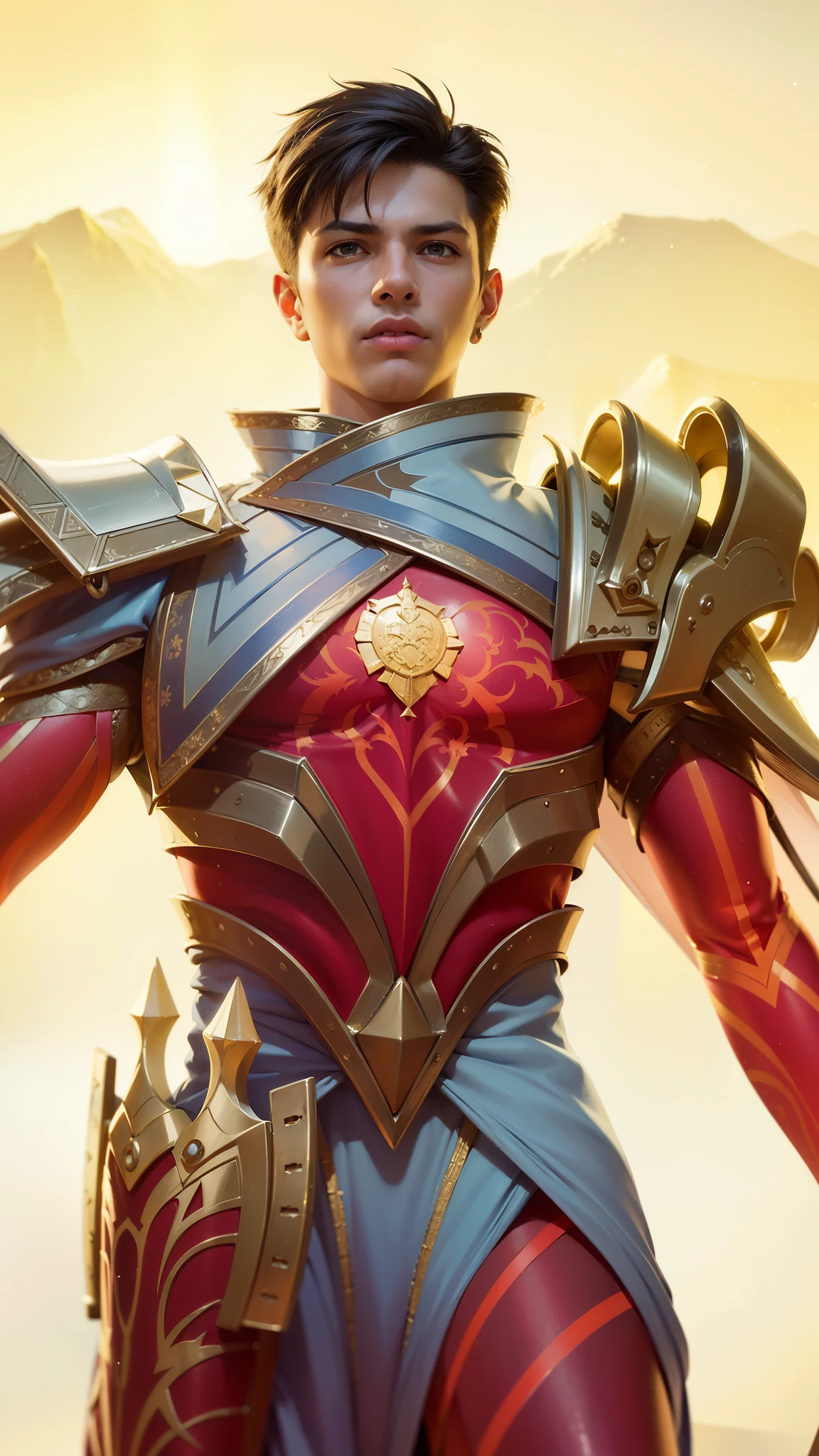 a close up of a person in a costume holding a sword, draconic looking armor, masculine male, masterpiece, ((perfect eyes)) best quality, (semirealism:1.9), beautiful lighting, (extremely detailed CG unity 4k fhd wallpaper), High Detail, Sharp focus, dramatic outdoors, 1 boy ,19 years old, black short hair, yellow eyes, fair skin.