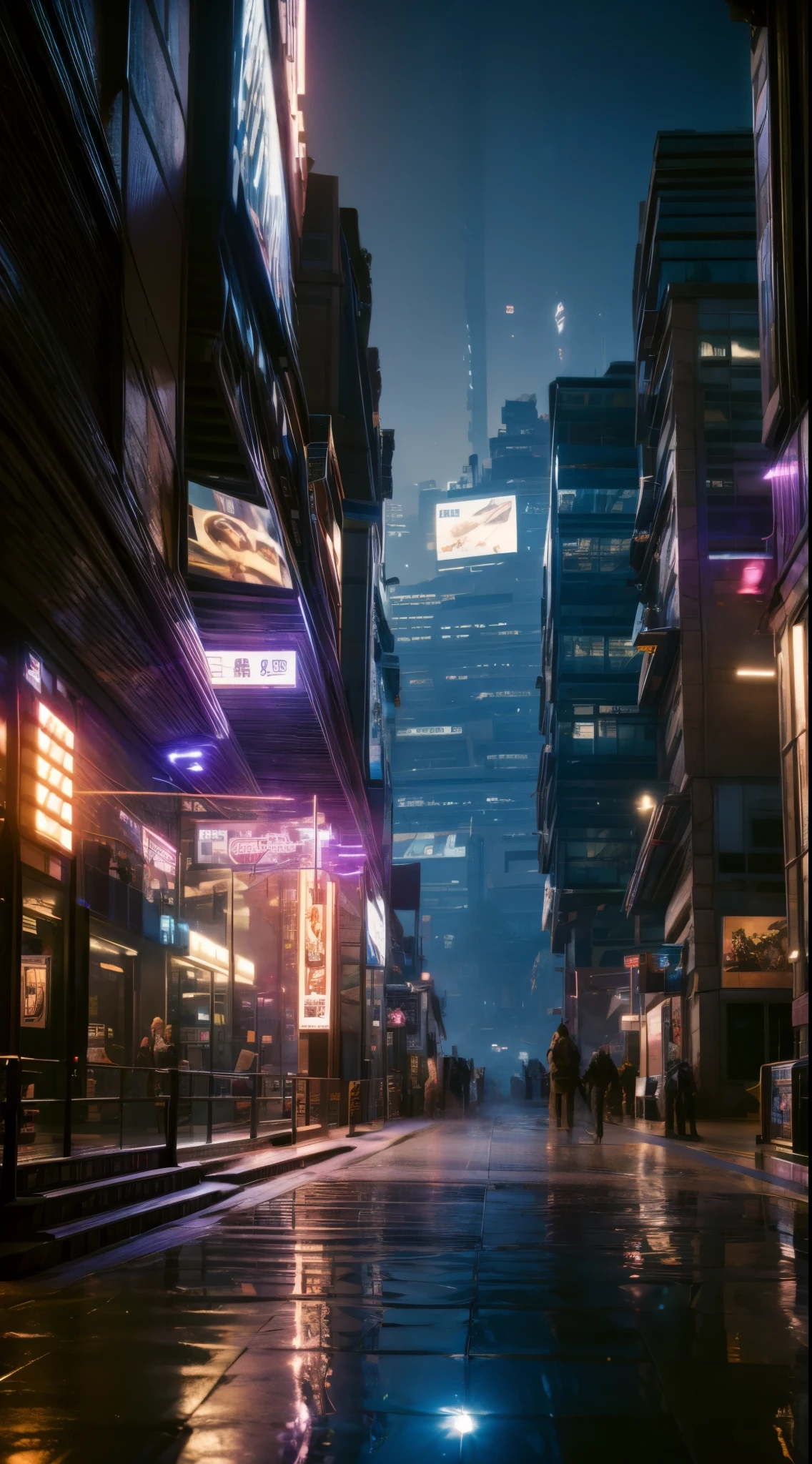 Night city, pitch dark, advertsement everywhere, night time, view from the road, city life, calming atmosphere, beautiful reflections, beautiful light, reflection light, ray tracing, glowing light, wide shot, from below, highres, best quality, high quality, award winning, high details, UHD, masterpiece, ccurate, 8k