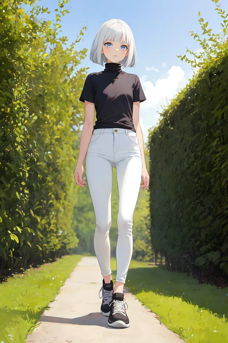 1girl, bob cut, white hair, flat chest, shirt, [black shirt::15], turtleneck, short sleeve, BREAK skinny pants, [white pants::10], black sneaker, standing, viewed from front, grass, nature, outdoor, masterpiece, best quality, highres
