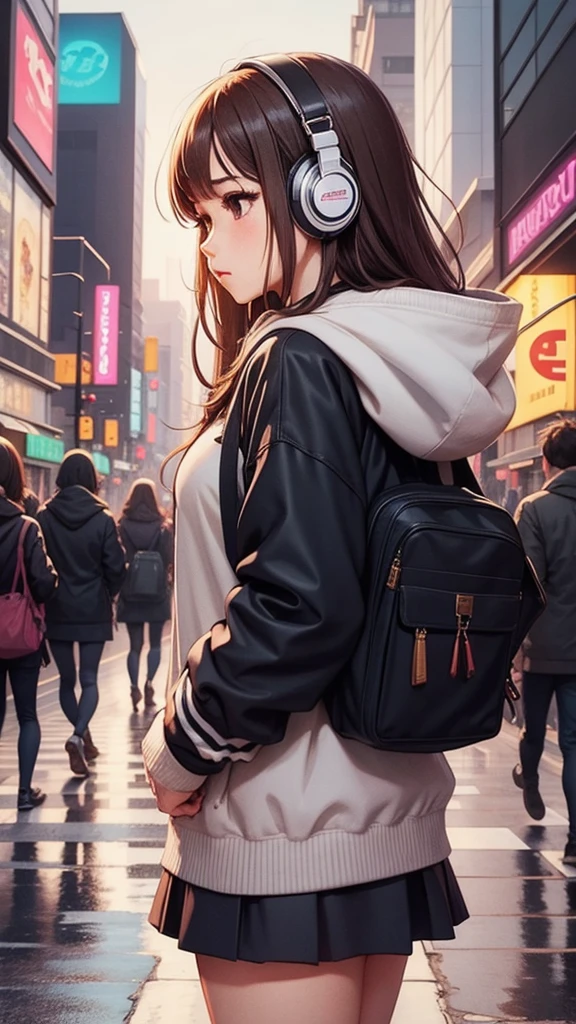 (masterpiece), (highest quality:1.4), (ultra high resolution:1.2),  super detailed background, (unity 8k wallpaper),Shibuya Ward、city pop、(headphones:1.2)、masterpiece, (anime girl alone:1.3), incredibly absurd, hoodie,pedestrian crossing, outdoor, rain, Tokyo, neon light.high school girl、profile、whole body、