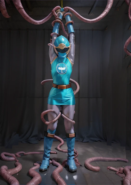 (best quality, masterpiece, RAW photo,ultra-detailed:1.2), 1girl, solo, looking at viewer, ((Hurricane Blue outfit, belt, gloves, helmet, blue spandex vest, blue boots, blue skirt, gray leggings, white gloves)), very large melon sized breasts, (((spread legs:1.1))), ((tentacles:1)), nsfw, raised arms, tentacles wrap around arms and legs, tentacles pressing on her crotch, tentacles squeezing her massive melon size breasts, dark room, eerie light, close up, industrial background, upper half body, creampie, wet