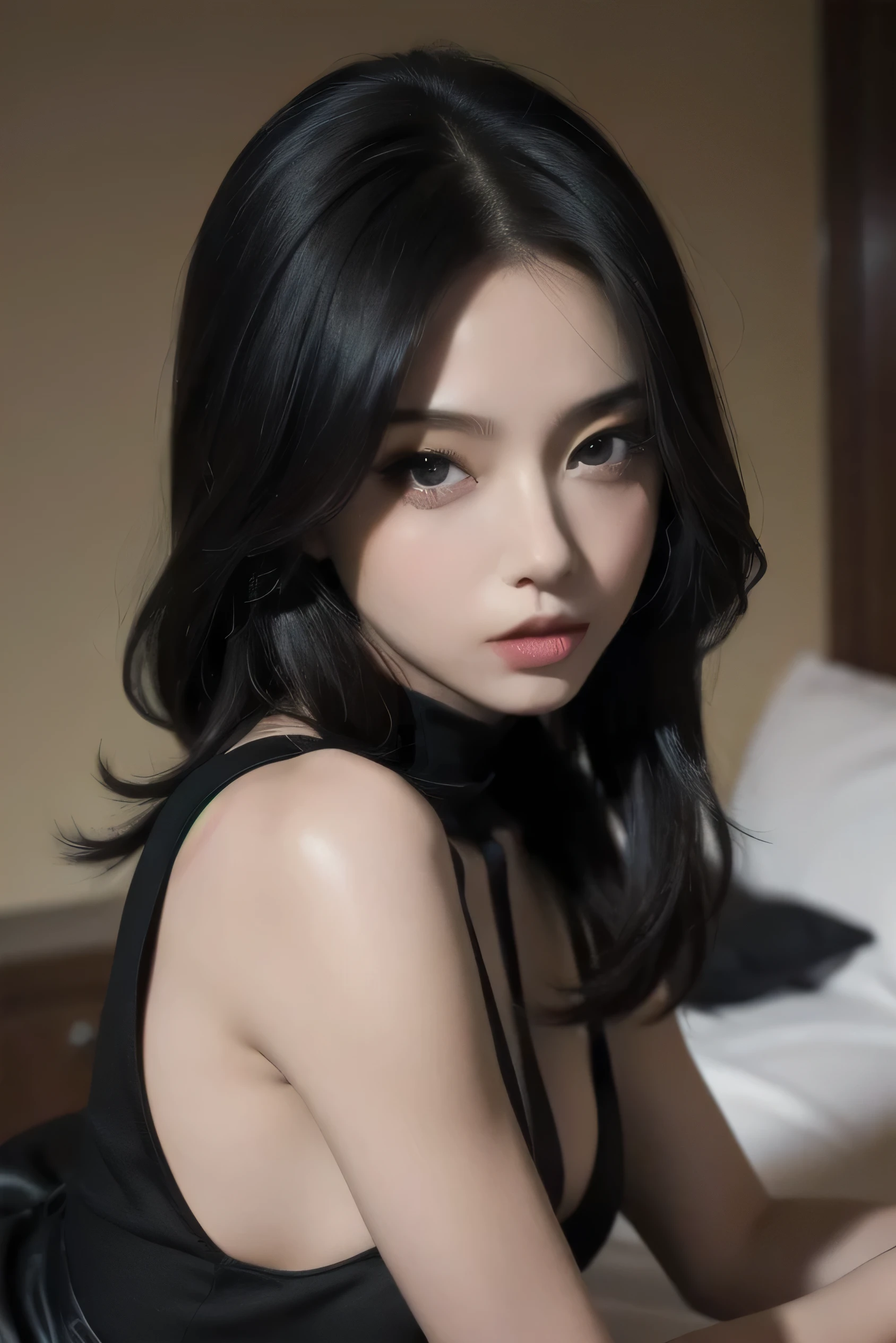 Sexy woman, bully, acting playful, seductive eyes, intense gaze, small room, bedroom, long lustrous black hair, sexy black dress, amazing makeup