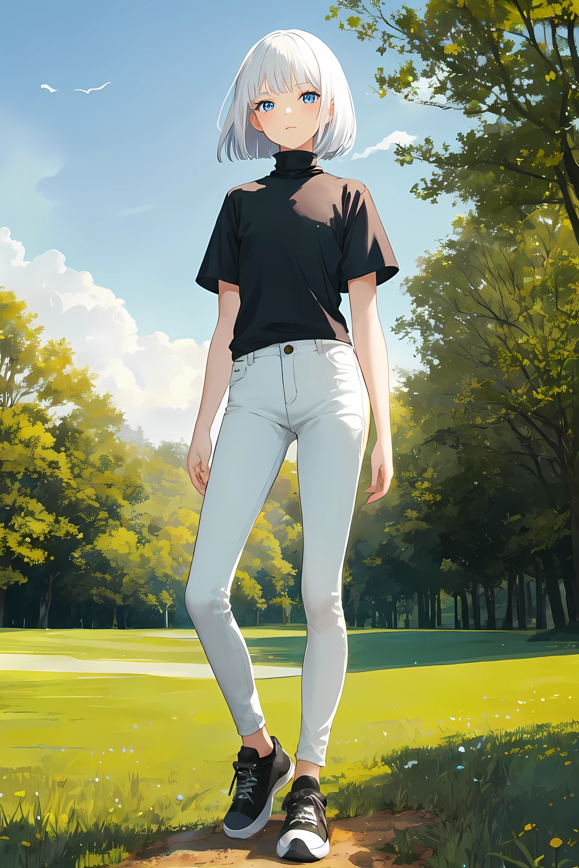 1girl, bob cut, white hair, flat chest, shirt, [black shirt::15], turtleneck, short sleeve, BREAK skinny pants, [white pants::10], black sneaker, standing, viewed from front, grass, nature, outdoor, masterpiece, best quality, highres
