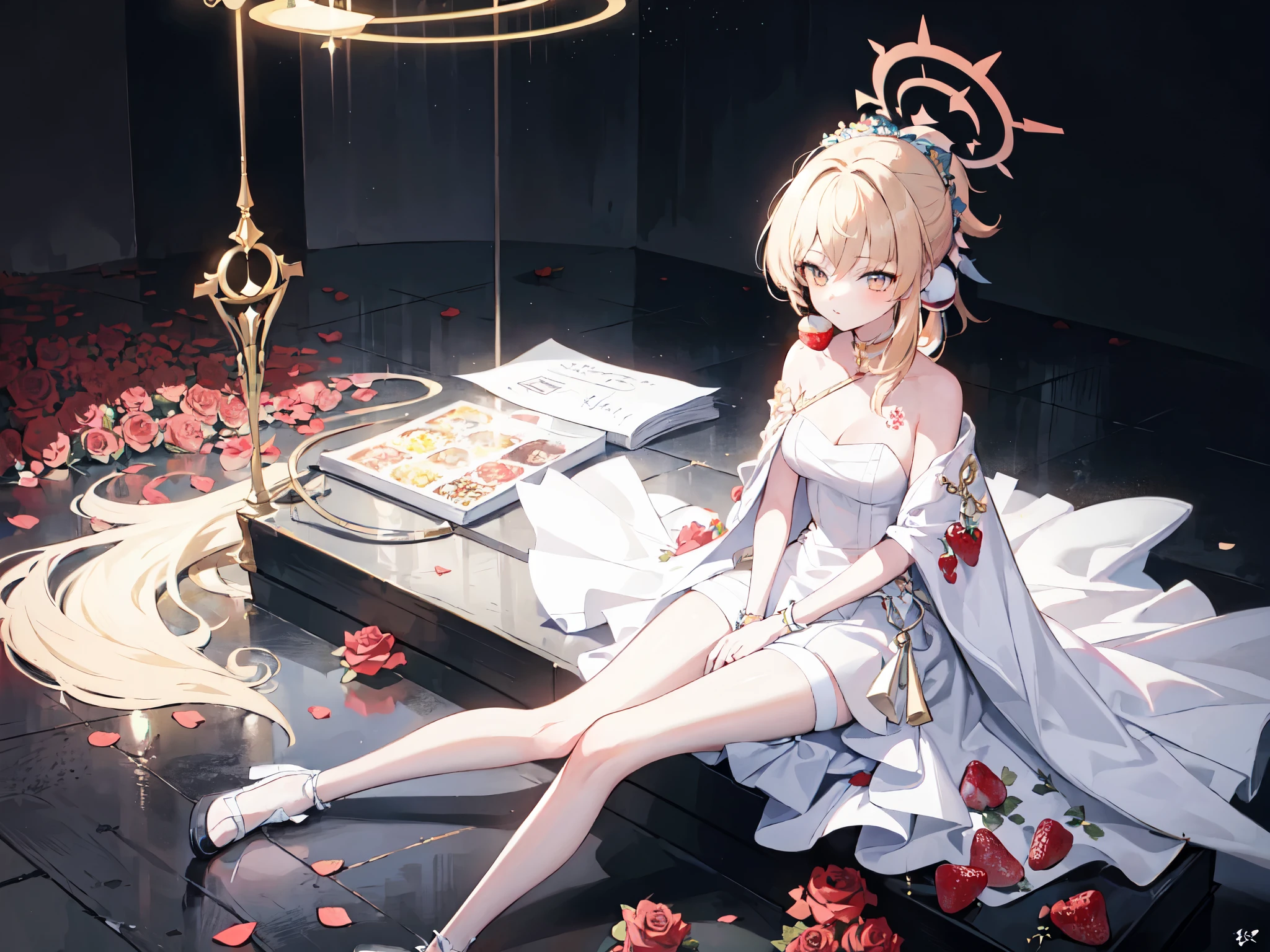 1girl, single person, hide hands, Yoimiya, strawberry blonde hair, golden eyes, white prom dress, white thigh high, long hair, halo, blue archive, roses on the ground, white background, studio lighting, poster, elegance, sitting post, photoshoot