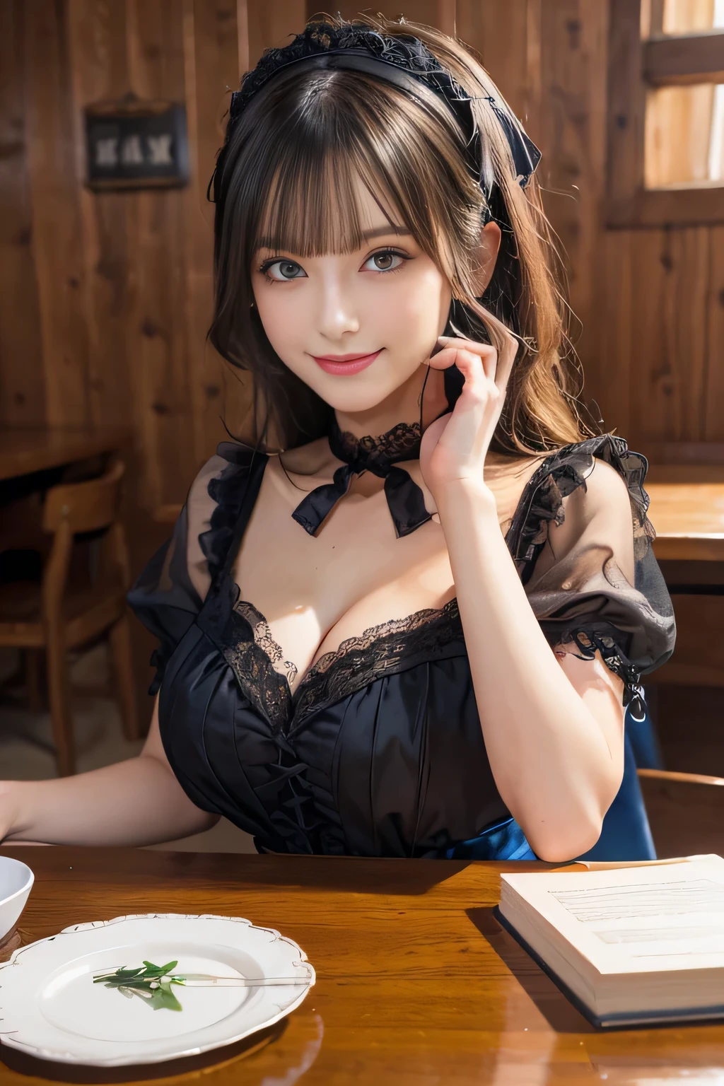 ((highest quality, 8K, Representative works in detail, ultra high resolution)), (looking at the viewer), (middle shot), attractive woman, ((big breasts)), white collared shirt, smile, ((black choker)), slim body shape, (big breasts, Blue colored contacts), long eyelashes, bangs, Beautiful shiny brown hair, Nogizaka Idol, Medival-style rooms, Wood grain walls, wooden furniture, wide々room, sit facing each other across the table, slim face