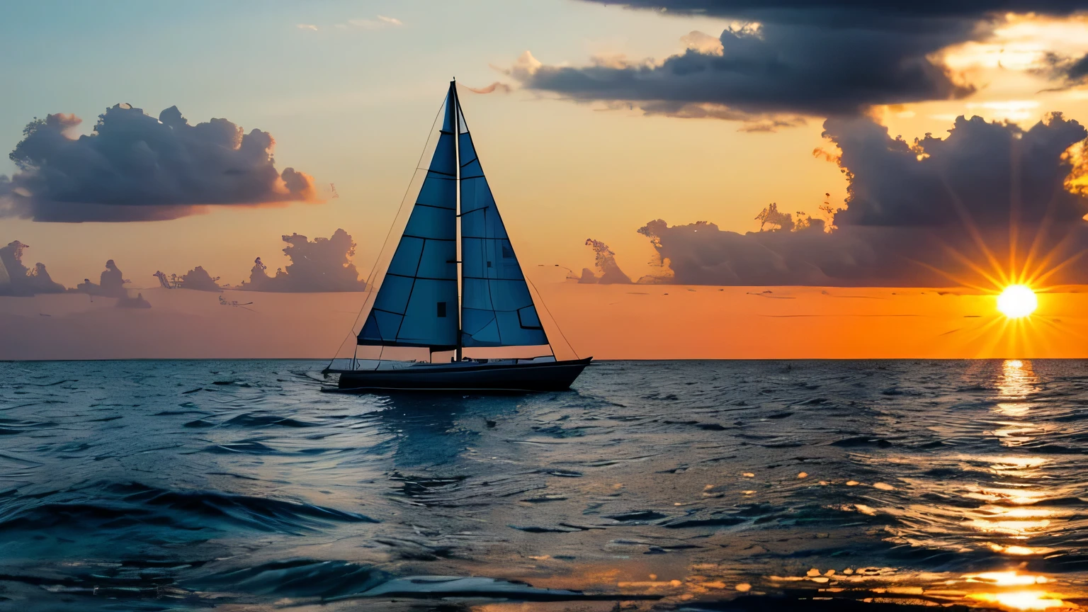 sailboat sailing towards the sunset, em um mar cristalino, ultraHD, cinematographic