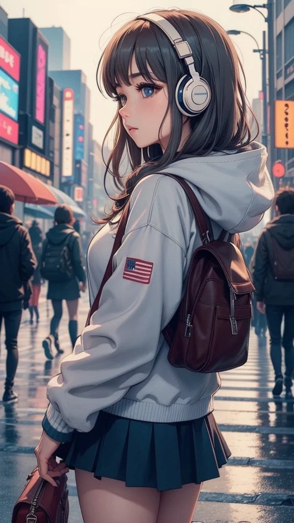 (masterpiece), (highest quality:1.4), (ultra high resolution:1.2),  super detailed background, (unity 8k wallpaper),Shibuya Ward、city pop、(headphones:1.2)、masterpiece, (anime girl alone:1.3), incredibly absurd, hoodie,pedestrian crossing, outdoor, rain, Tokyo, neon light.high school girl、profile、whole body、