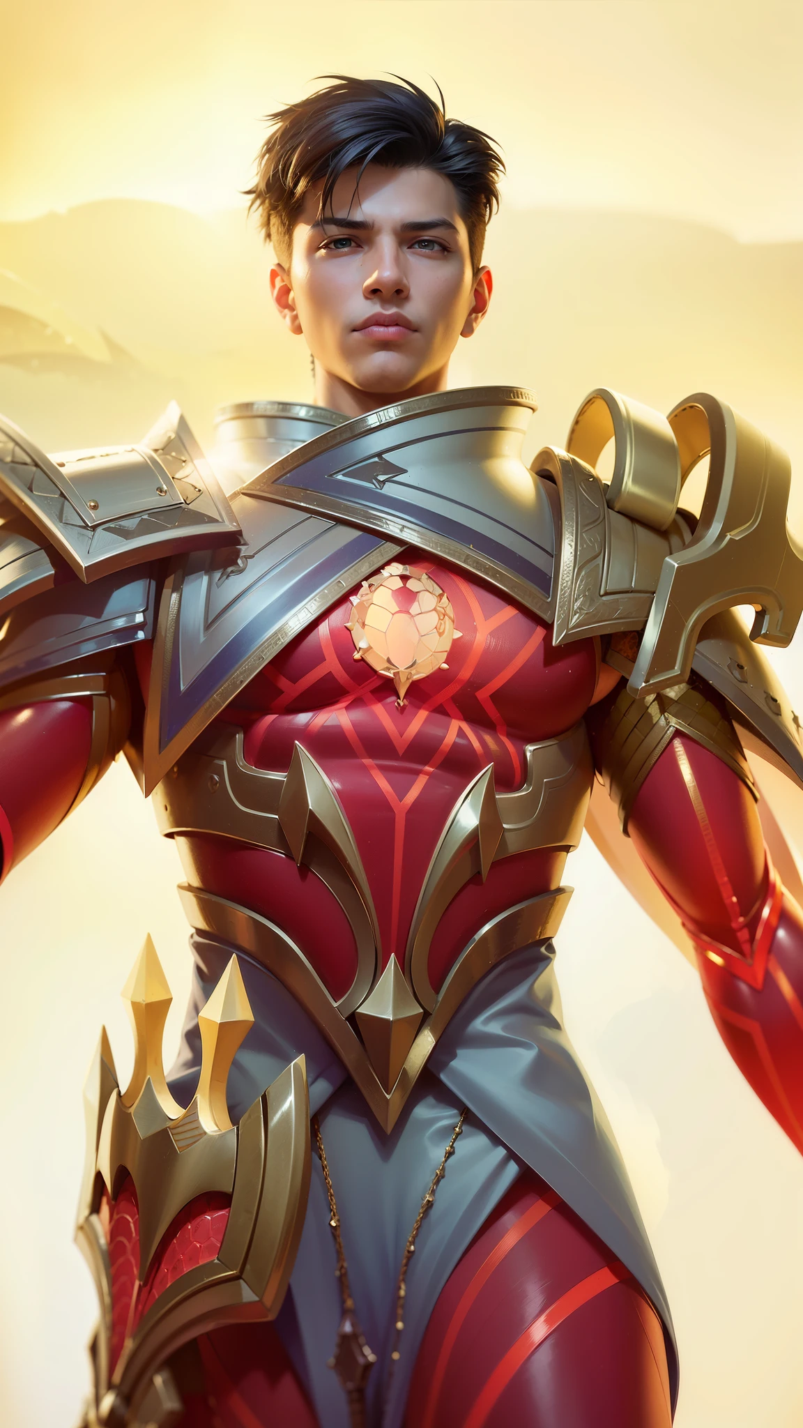 a close up of a person in a costume holding a sword, draconic looking armor, masculine male, masterpiece, ((perfect eyes)) best quality, (semirealism:1.9), beautiful lighting, (extremely detailed CG unity 4k fhd wallpaper), High Detail, Sharp focus, dramatic outdoors, 1 boy ,19 years old, black short hair, yellow eyes, fair skin.