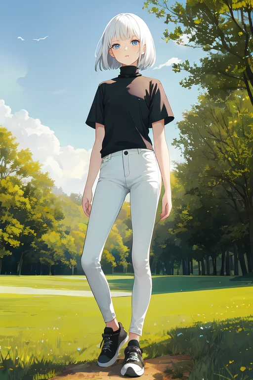1girl, bob cut, white hair, flat chest, shirt, [black shirt::15], turtleneck, short sleeve, BREAK skinny pants, [white pants::10], black sneaker, standing, viewed from front, grass, nature, outdoor, masterpiece, best quality, highres
