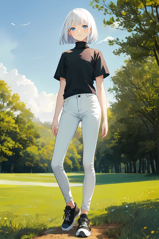 1girl, bob cut, white hair, flat chest, shirt, [black shirt::15], turtleneck, short sleeve, BREAK skinny pants, [white pants::10], black sneaker, standing, viewed from front, grass, nature, outdoor, masterpiece, best quality, highres
