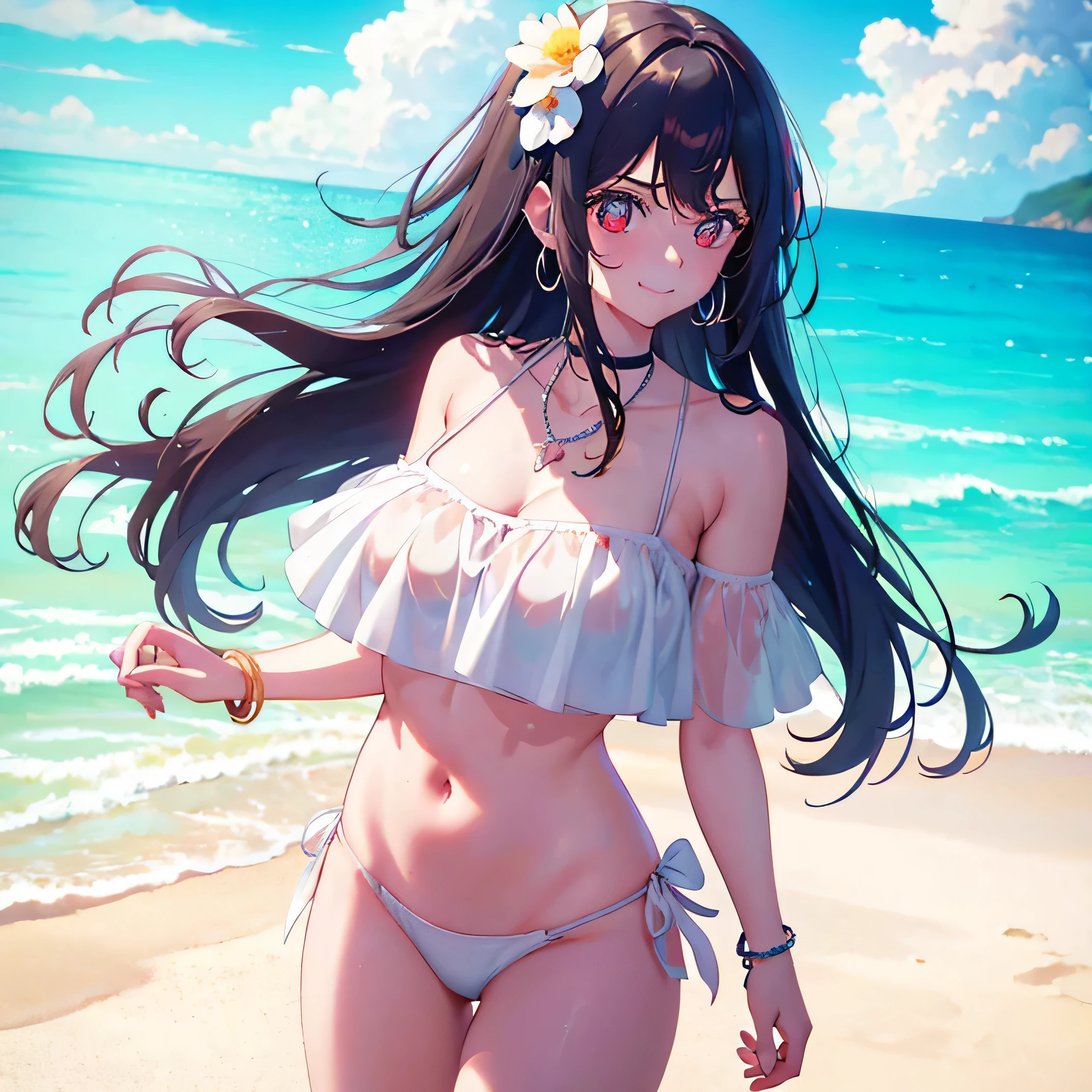 breasts, multiple girls, swimsuit, bikini, jewelry, navel, looking at viewer, day, long hair, cloud, sky, choker, blue sky, wet, smile, beach, necklace, cleavage, flower, bangs, ocean, hair ornament, large breasts, blonde hair, hair flower, red eyes, cloudy sky, brown hair, blush, outdoors, blue bikini, o-ring, bracelet, mole, earrings, very long hair, thighs, pendant, collarbone, eyebrows visible through hair, armpits, 2girls, bare shoulders, silver hair, white bikini