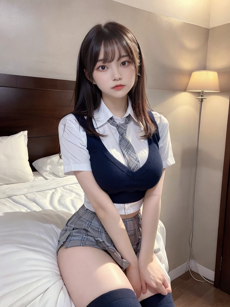 muste piece, best quality, illustration, Super detailed, fine details, High resolution, 8K,wall paper, perfect dynamic composition,(Details High quality, realistic depiction of eyes:1.3), Short mini skirt with gray plaid pattern、White short-sleeved uniform and high socks、(Dark blue tie), short bob hair、black hair color, Big Natural Color Lip, bold sexy pose, (perfect body shape), crying a little、cold gaze, Harajuku style、20 year old girl、cute type、lolita、beautiful legs, hotel room, hposing Gravure Idol, Voluptuous thighs