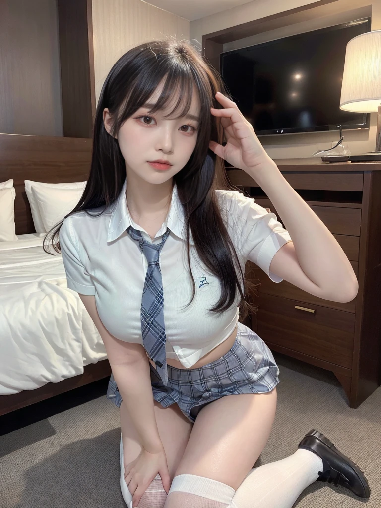 muste piece, best quality, illustration, Super detailed, fine details, High resolution, 8K,wall paper, perfect dynamic composition,(Details High quality, realistic depiction of eyes:1.3), Short mini skirt with gray plaid pattern、White short-sleeved uniform and high socks、(Dark blue tie), short bob hair、black hair color, Big Natural Color Lip, bold sexy pose, (perfect body shape), crying a little、cold gaze, Harajuku style、20 year old girl、cute type、lolita、beautiful legs, hotel room, hposing Gravure Idol, Voluptuous thighs