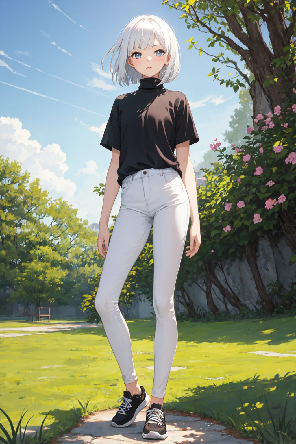 1girl, bob cut, white hair, flat chest, shirt, [black shirt::15], turtleneck, short sleeve, BREAK skinny pants, [white pants::10], black sneaker, standing, viewed from front, grass, nature, outdoor, masterpiece, best quality, highres
