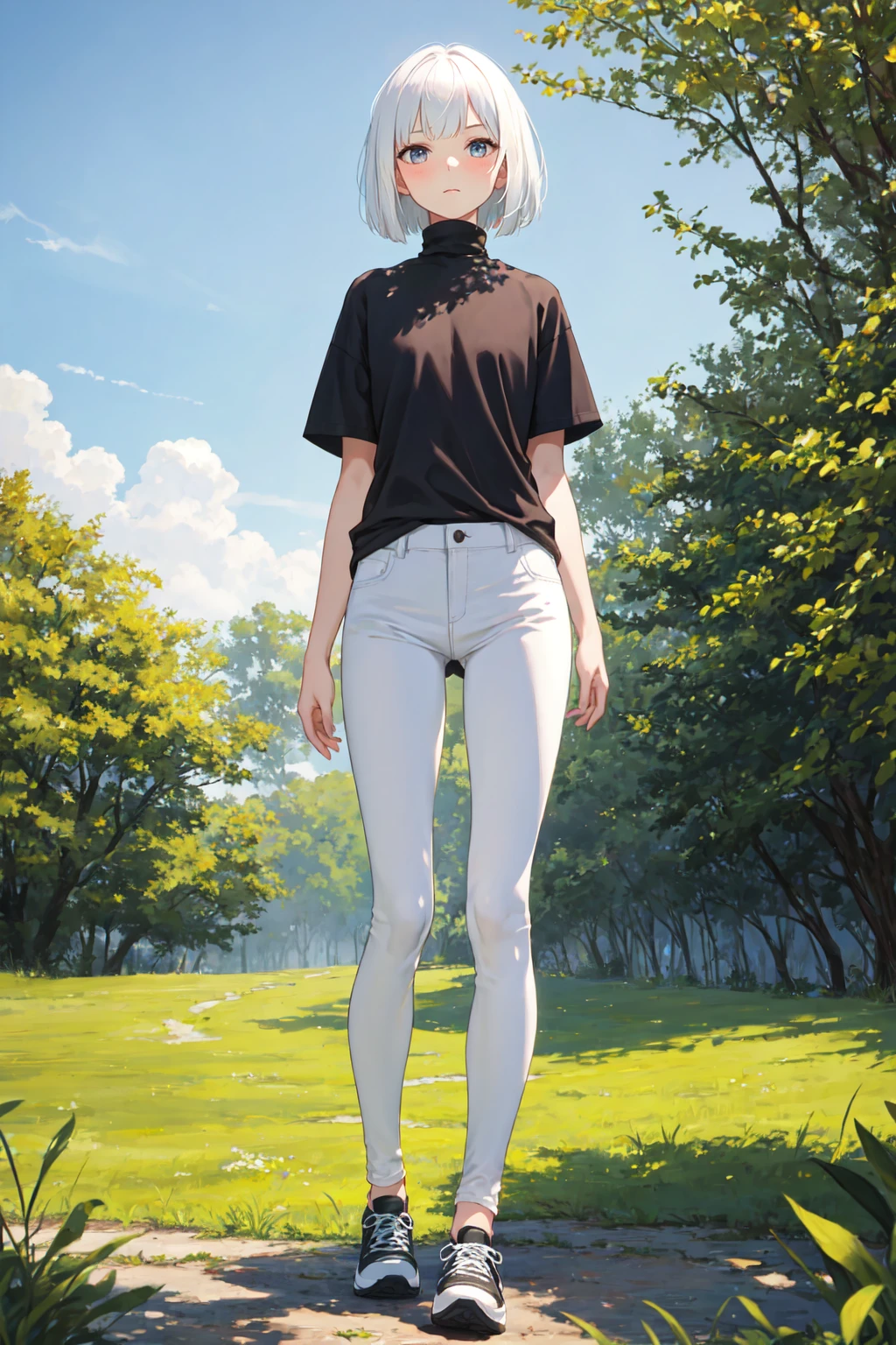 1girl, bob cut, white hair, flat chest, shirt, [black shirt::15], turtleneck, short sleeve, BREAK skinny pants, [white pants::10], black sneaker, standing, viewed from front, grass, nature, outdoor, masterpiece, best quality, highres
