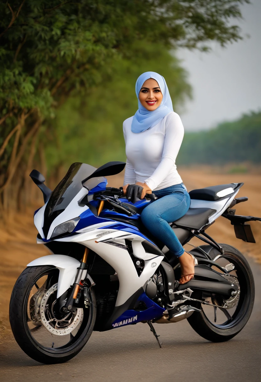 Very beautiful woman wearing a hijab, wearing a white t-shirt, light blue jeans, sports shoes, riding a YAMAHA R1m sports motorbike, her sexy lips smiling sweetly looking ahead, focusing on her beautiful face and eyes, strong wind, on a village road, with the morning in the background, Vast rice fields and misty mountains, super realistic, very real, very detailed, taken with the most expensive camera in the world, 16K