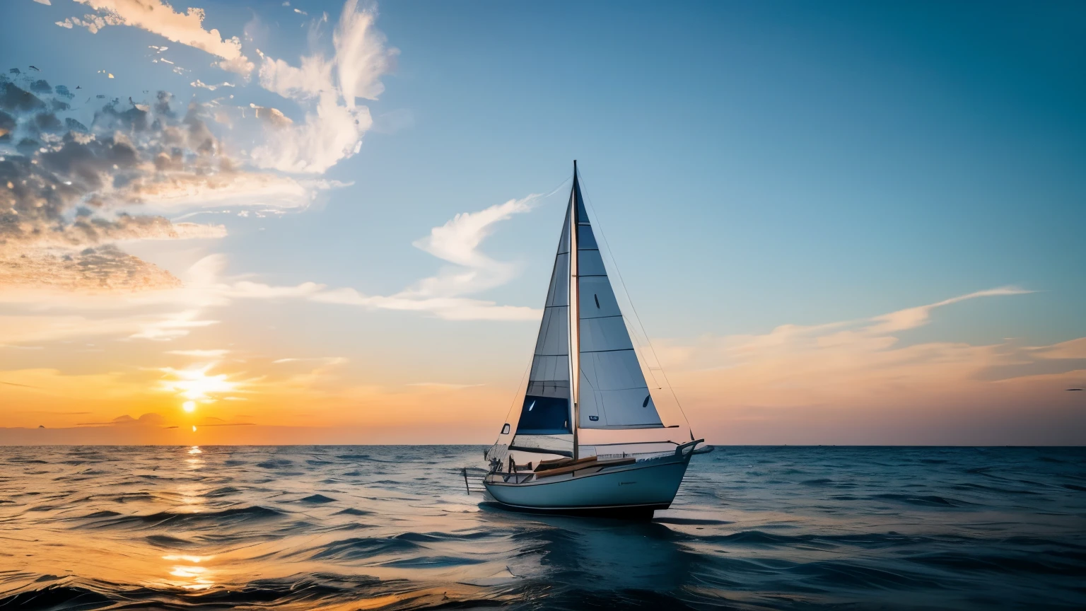 sailboat sailing towards the sunset, em um mar cristalino, ultraHD, cinematographic