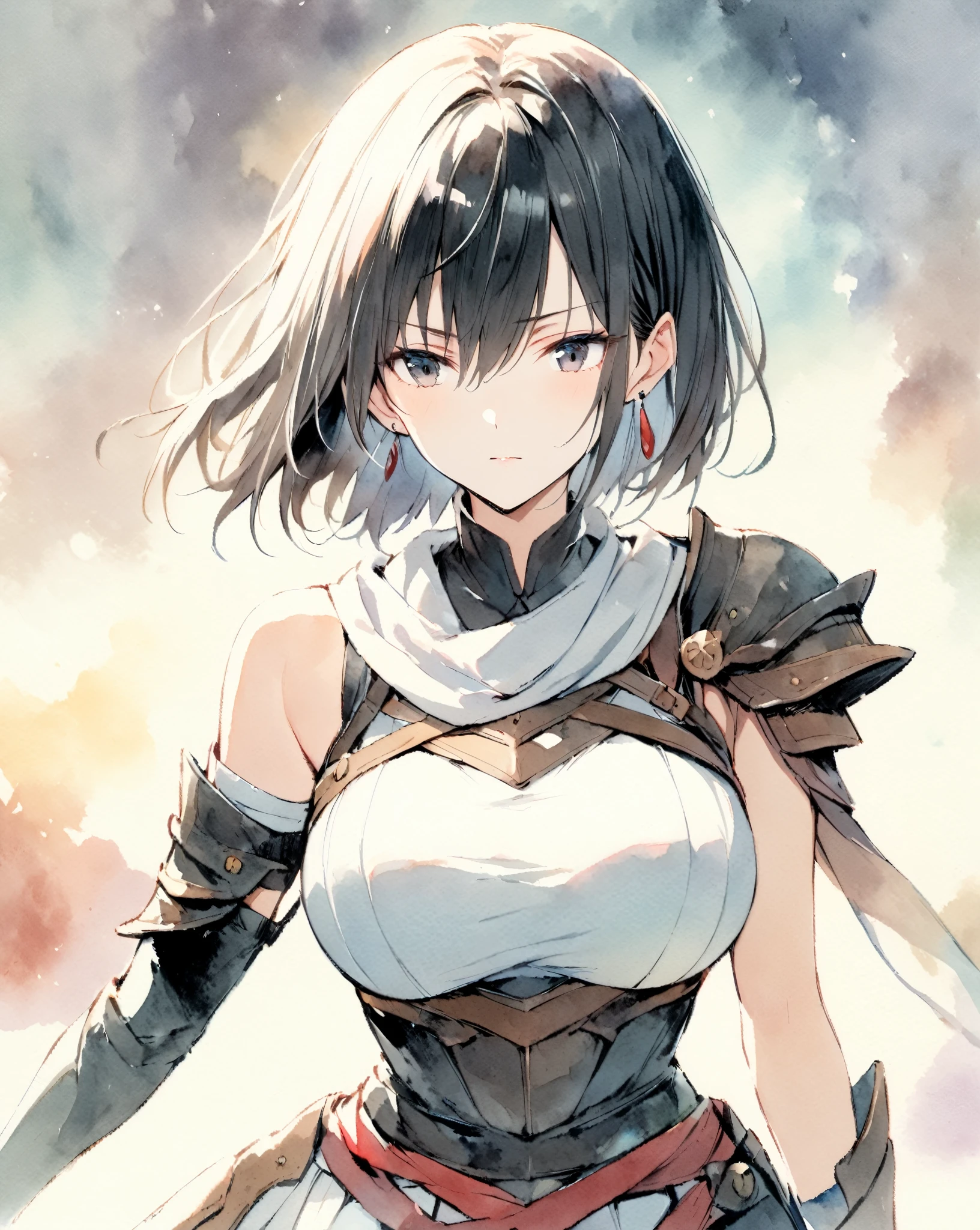 masterpiece, best quality, watercolor (medium), 1girl, breast, alone, short hair, split, Red and black hair, black eyes, earrings, Bangs, jewelry, skirt, bare shoulders, sleeveless, hair between eyes, 单pauldron, looking at the audience, large breast, armor, shoulder armor, sleeveless skirt, Upper body, single sleeve, white skirt, pauldron, 