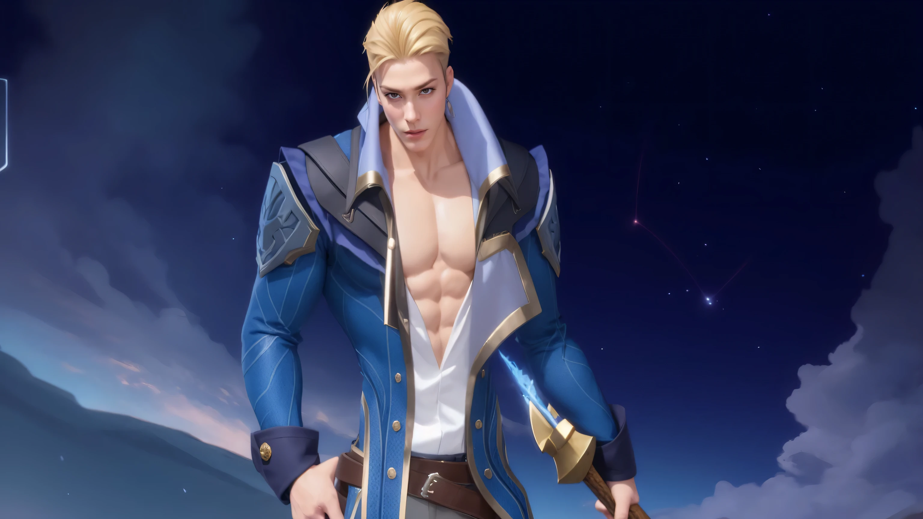 arafed image of a man in a blue suit holding a sword, skinny male mage, sigma male, inspired by Huang Shen, tane skin, male character, heroic masculine pose, skinny male fantasy alchemist, lunar themed attire, mid-shot of a hunky, xqc, sylas, bald male swashbuckler, as a character in tekken