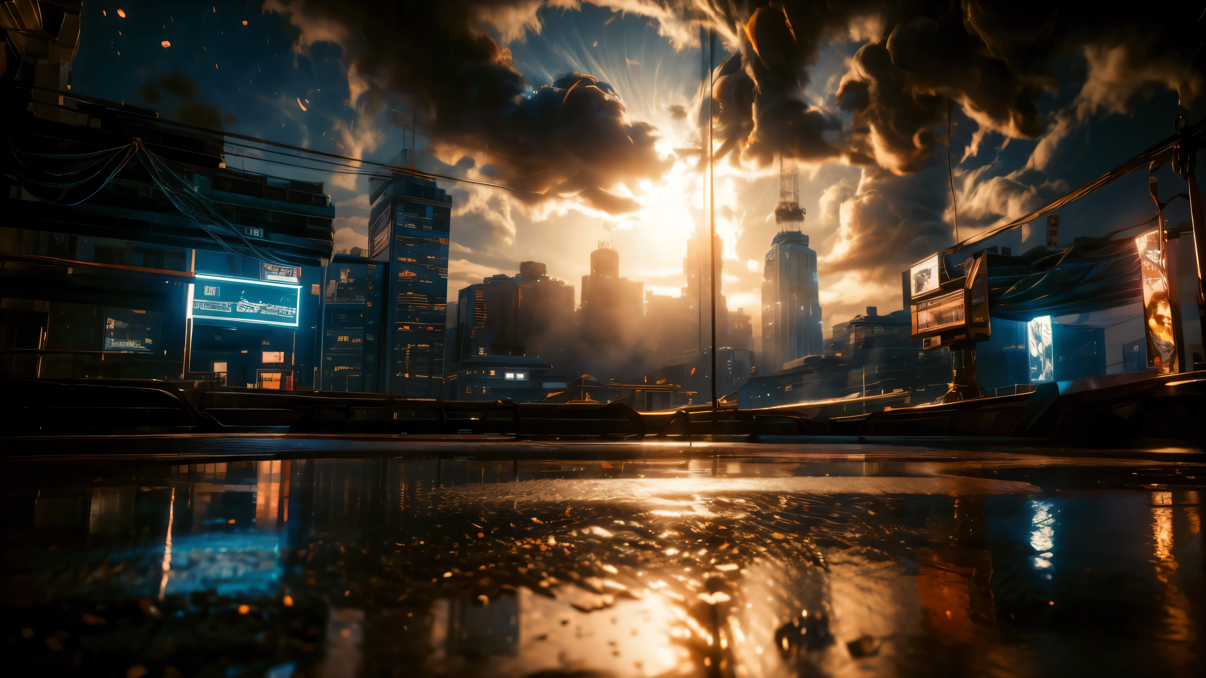 Night city, pitch dark, advertsement everywhere, night time, view from the road, city life, calming atmosphere, beautiful reflections, beautiful light, reflection light, ray tracing, glowing light, wide shot, from below, highres, best quality, high quality, award winning, high details, UHD, masterpiece, ccurate, 8k