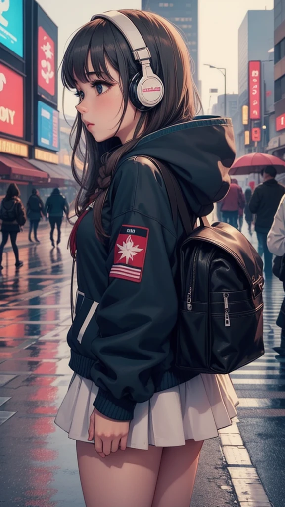 (masterpiece), (highest quality:1.4), (ultra high resolution:1.2),  super detailed background, (unity 8k wallpaper),Shibuya Ward、city pop、(headphones:1.2)、masterpiece, (anime girl alone:1.3), incredibly absurd, hoodie,pedestrian crossing, outdoor, rain, Tokyo, neon light.high school girl、profile、whole body、