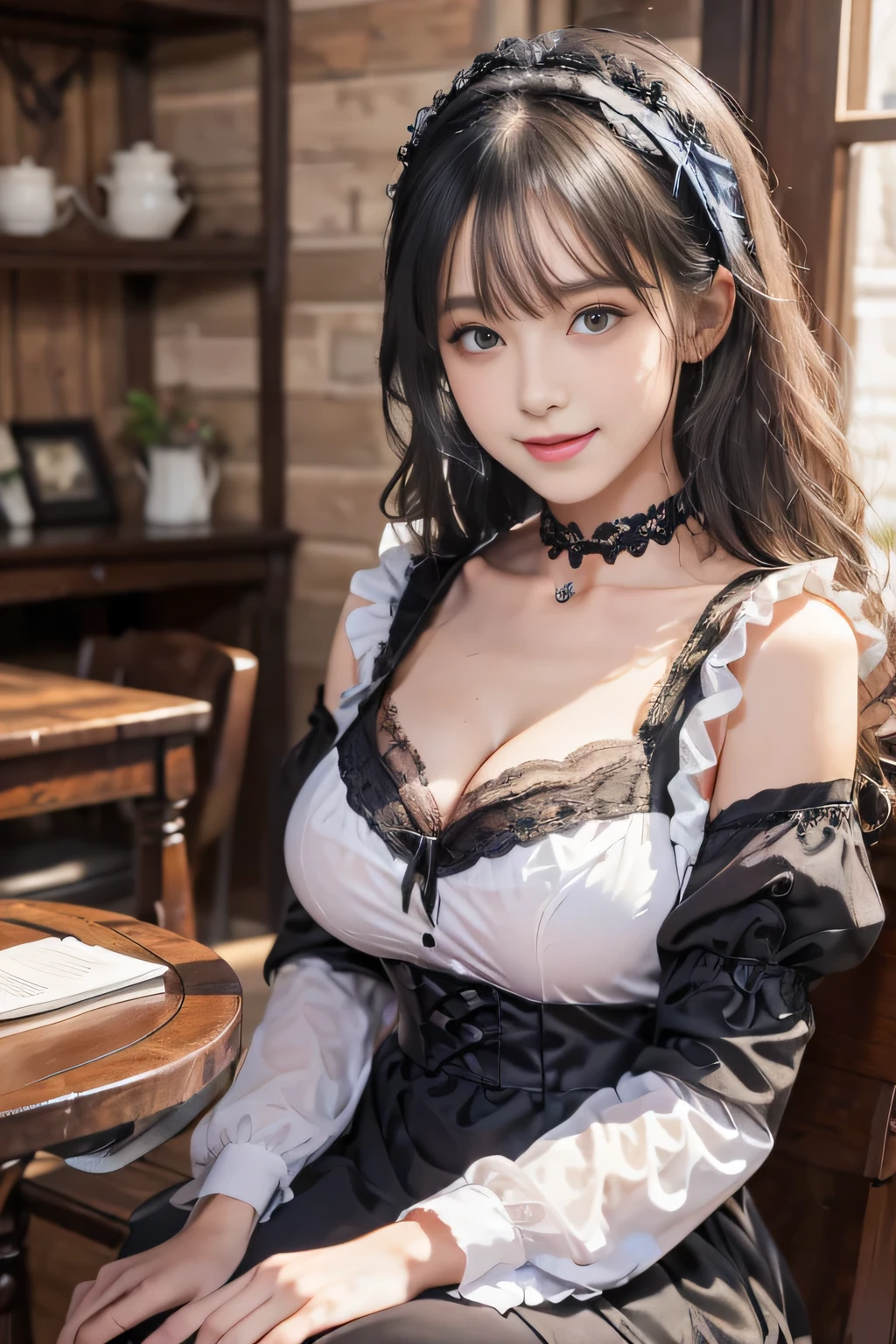 ((highest quality, 8K, Representative works in detail, ultra high resolution)), (looking at the viewer), (middle shot), attractive woman, ((big breasts)), white collared shirt, smile, ((black choker)), slim body shape, (big breasts, Blue colored contacts), long eyelashes, bangs, Beautiful shiny brown hair, Nogizaka Idol, Medival-style rooms, Wood grain walls, wooden furniture, wide々room, sit facing each other across the table, slim face