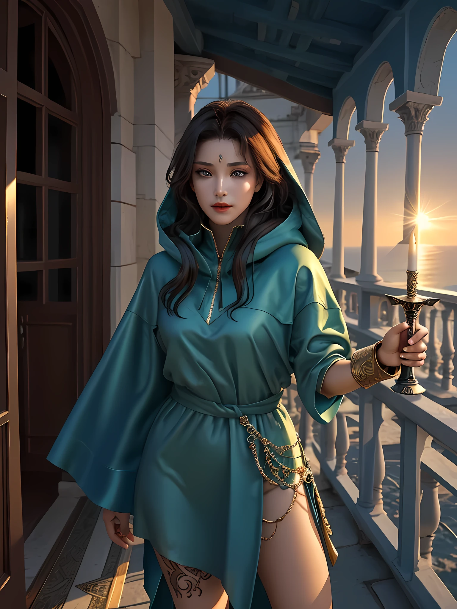 Generate an image of Princess Adanna and Kemi standing side by side on a balcony overlooking the kingdom. The sun is setting in the distance, casting a warm glow over the landscape. They have smiles on their faces as they enjoy the peaceful moment together.The palace should be grand and inviting, with light spilling out from within(best quality,4k,high-res,masterpiece:1.2),physically-based rendering,ultra-detailed,realistic,vivid colors,sharp focus,studio lighting,HDR,bokeh,Kassandra,Cassandra,Alexios,Greece,ancient Greece,fantasy,action-adventure game,mythology,fierce warrior,assassin,creed,lethal,stealthy,confident,beautiful,dangerous,silent steps,leap of faith,hidden blade,hooded cloak,swirling mist,free-running,weaponry,dual-wielded daggers,intense stare,expression,seductive gaze,piercing eyes,mesmerizing,atlantic blue eyes,long eyelashes,luscious,plump lips,ruby red lips,prominent cheekbones,chiseled jawline,sculpted face,olive skin,bruises,battle scars,tattoos,body art,fit physique,toned muscles,exquisite curves,spellbinding,provocative attire,leather armor,exposed skin,sensual,alluring,steamy,erotic,unpredictability,powerful aura,dark background,shadowy setting,mysterious ambiance,soft candlelight,golden hour,moonlit night,starry sky,ominous moon,omnipotent presence,playful,temptress,deadly charm,legendary figure,heroine,empowered,defiant,mythical beauty,unstoppable force,unforgettable,embodying strength and allure.