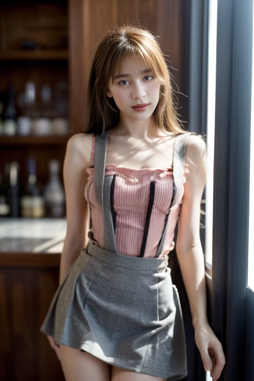 (film grain),dusk,full body portrait,(((original photo))),A sexy girl works at the counter in the bar、With rabbit ears、The body shape of 34-26-36 is an hourglass shape、Perfect body、(Designer Suspenders、short skirt、stripe、pattern、pattern:1.5),rim light, clavicle, beautiful face,tattoos on the arms,belly button,wide hips, slender waist,(((long legs))),Idol, depth of field, tilt, reflective,lifelike, ultra high resolution, high quality,natural light,best quality,8K,Super real,(film grain, Color difference, sharp focus, in the darkness, deep shadow, low profile, cold light, sexy look). portrait style, Leica camera quality, digital SLR, soft light, high quality, Fuji XT3, afternoon sun、 Close to her, Skin peach fuzz and pore details, Radiant、#100: Natural Golden Blonde Ponytail, A hint of smile、 intimate relaxed style photoshoot, Camera reveals more about her surroundings, reveal the deepest shadows, Every texture is clear and delicate,