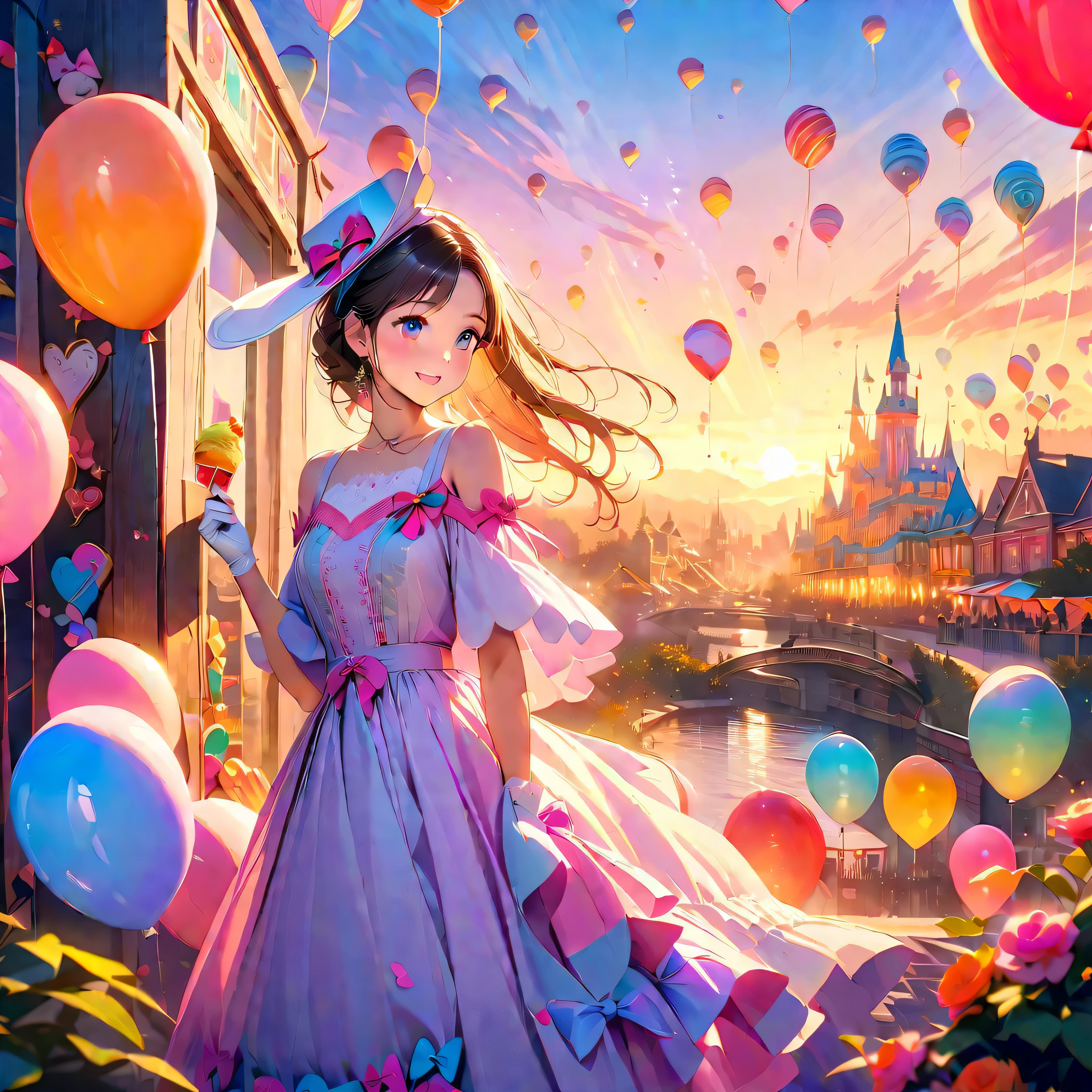 A sunset over a vibrant Candyland, with colorful balloons, ice cream, and drinks 🎈🍦🍹❤(😘👩🎀👗⚜👒👡💅)🎪🎢🎡🎠. The scene is full of excitement and joy, with a variety of attractions. The sky is ablaze with a mix of warm and cool tones, creating a stunning backdrop. The lighting is soft and golden, casting a warm glow over the entire landscape. The vibrant colors of the candy-inspired structures stand out against the pastel sky. The candy-themed buildings are adorned with intricate details, from candy canes to lollipops, creating a whimsical and magical atmosphere. The balloons float in the air, adding an element of playfulness and fun to the scene. The air is filled with laughter and happy chatter as people enjoy the festive atmosphere. The characters are beautifully dressed, with elegant outfits and delicate accessories. Their eyes shine with excitement and anticipation, while their lips display a cheerful smile. The girls' dresses are adorned with bows and ribbons, adding a touch of femininity to their appearance. The scene captures the beauty of friendship and the enjoyment of a carefree day at the amusement park. The overall image quality is of the highest standard, with a focus on every minute detail. The image is ultra-detailed, bringing to life every aspect of the scene. The colors are vivid and vibrant, enhancing the magical atmosphere of the Candyland. The lighting is carefully crafted, creating a sense of depth and dimension. The photorealistic rendering adds a sense of realism to the artwork, making it appear almost like a photograph. The art style combines elements of both illustration and photography, creating a unique and captivating visual experience. The colors are carefully chosen to evoke a sense of wonder and enchantment. The scene is bathed in warm hues, creating a dreamlike ambiance. The lighting highlights the key features of the landscape, adding depth and dimension to the image. In summary, the prompt describe a beautiful sunset candyland