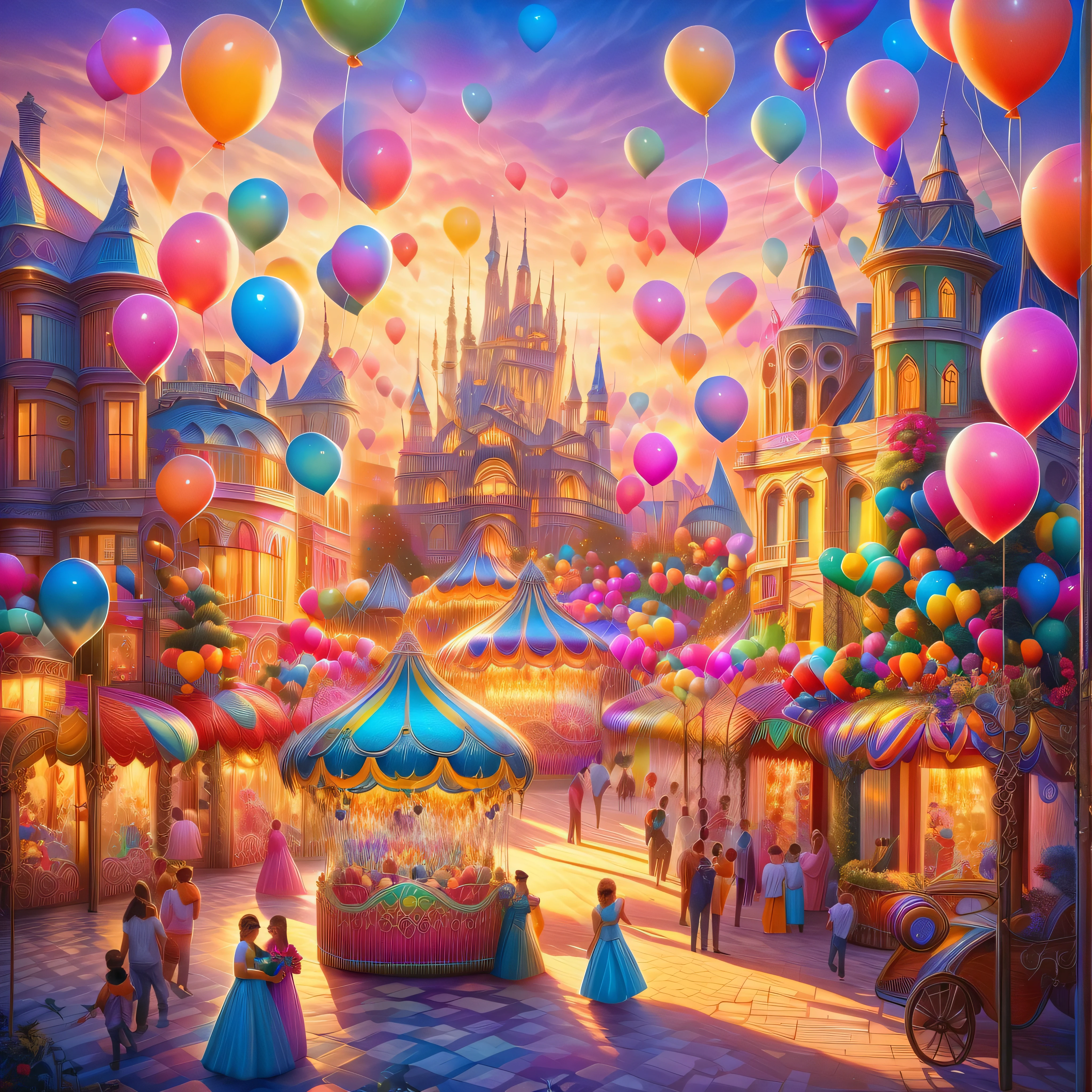 A sunset over a vibrant Candyland, with colorful balloons, ice cream, and drinks 🎈🍦🍹❤(😘👩🎀👗⚜👒👡💅)🎪🎢🎡🎠. The scene is full of excitement and joy, with a variety of attractions. The sky is ablaze with a mix of warm and cool tones, creating a stunning backdrop. The lighting is soft and golden, casting a warm glow over the entire landscape. The vibrant colors of the candy-inspired structures stand out against the pastel sky. The candy-themed buildings are adorned with intricate details, from candy canes to lollipops, creating a whimsical and magical atmosphere. The balloons float in the air, adding an element of playfulness and fun to the scene. The air is filled with laughter and happy chatter as people enjoy the festive atmosphere. The characters are beautifully dressed, with elegant outfits and delicate accessories. Their eyes shine with excitement and anticipation, while their lips display a cheerful smile. The girls' dresses are adorned with bows and ribbons, adding a touch of femininity to their appearance. The scene captures the beauty of friendship and the enjoyment of a carefree day at the amusement park. The overall image quality is of the highest standard, with a focus on every minute detail. The image is ultra-detailed, bringing to life every aspect of the scene. The colors are vivid and vibrant, enhancing the magical atmosphere of the Candyland. The lighting is carefully crafted, creating a sense of depth and dimension. The photorealistic rendering adds a sense of realism to the artwork, making it appear almost like a photograph. The art style combines elements of both illustration and photography, creating a unique and captivating visual experience. The colors are carefully chosen to evoke a sense of wonder and enchantment. The scene is bathed in warm hues, creating a dreamlike ambiance. The lighting highlights the key features of the landscape, adding depth and dimension to the image. In summary, the prompt describe a beautiful sunset candyland