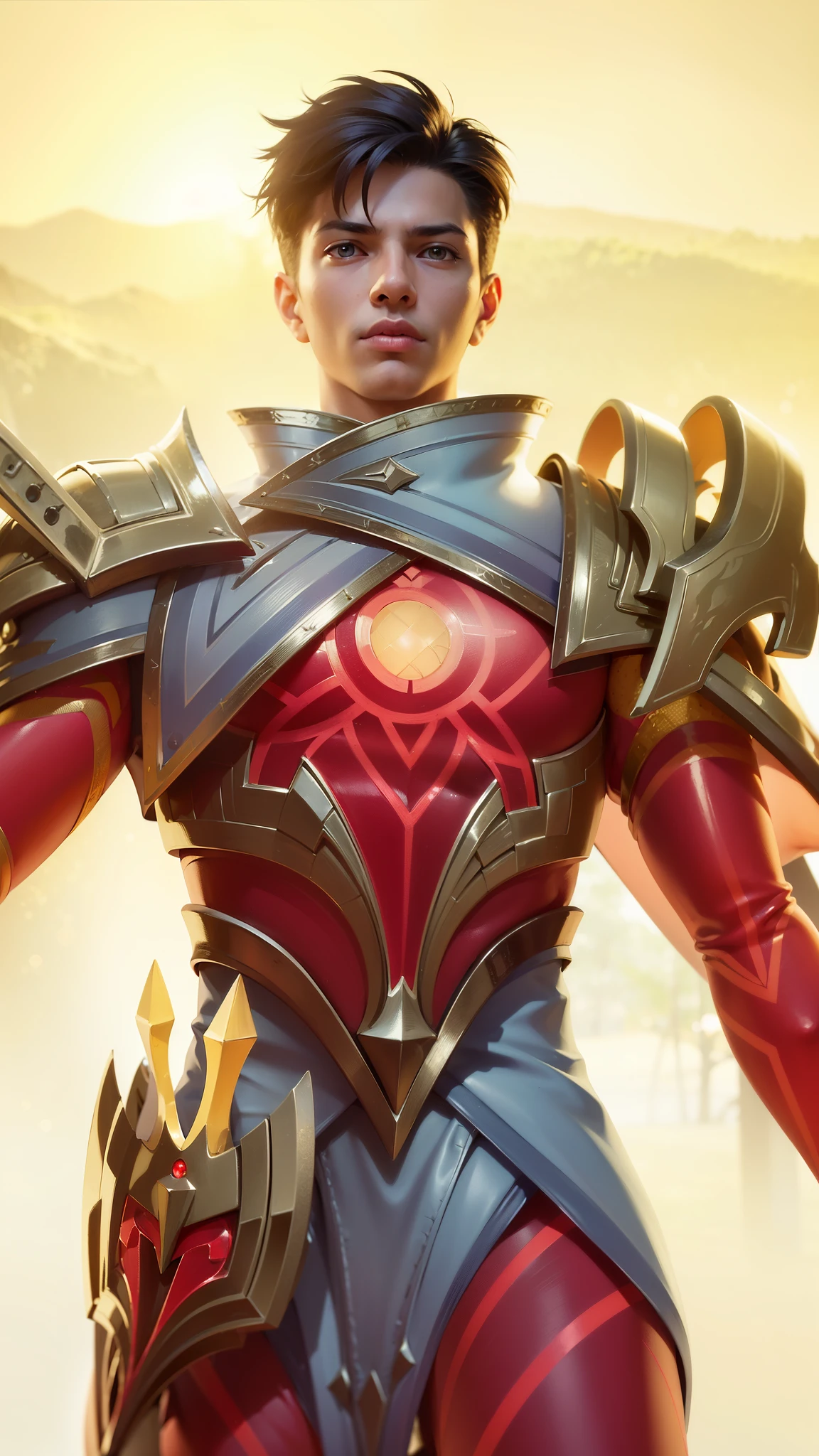 a close up of a person in a costume holding a sword, draconic looking armor, masculine male, masterpiece, ((perfect eyes)) best quality, (semirealism:1.9), beautiful lighting, (extremely detailed CG unity 4k fhd wallpaper), High Detail, Sharp focus, dramatic outdoors, 1 boy ,19 years old, black short hair, yellow eyes, fair skin.