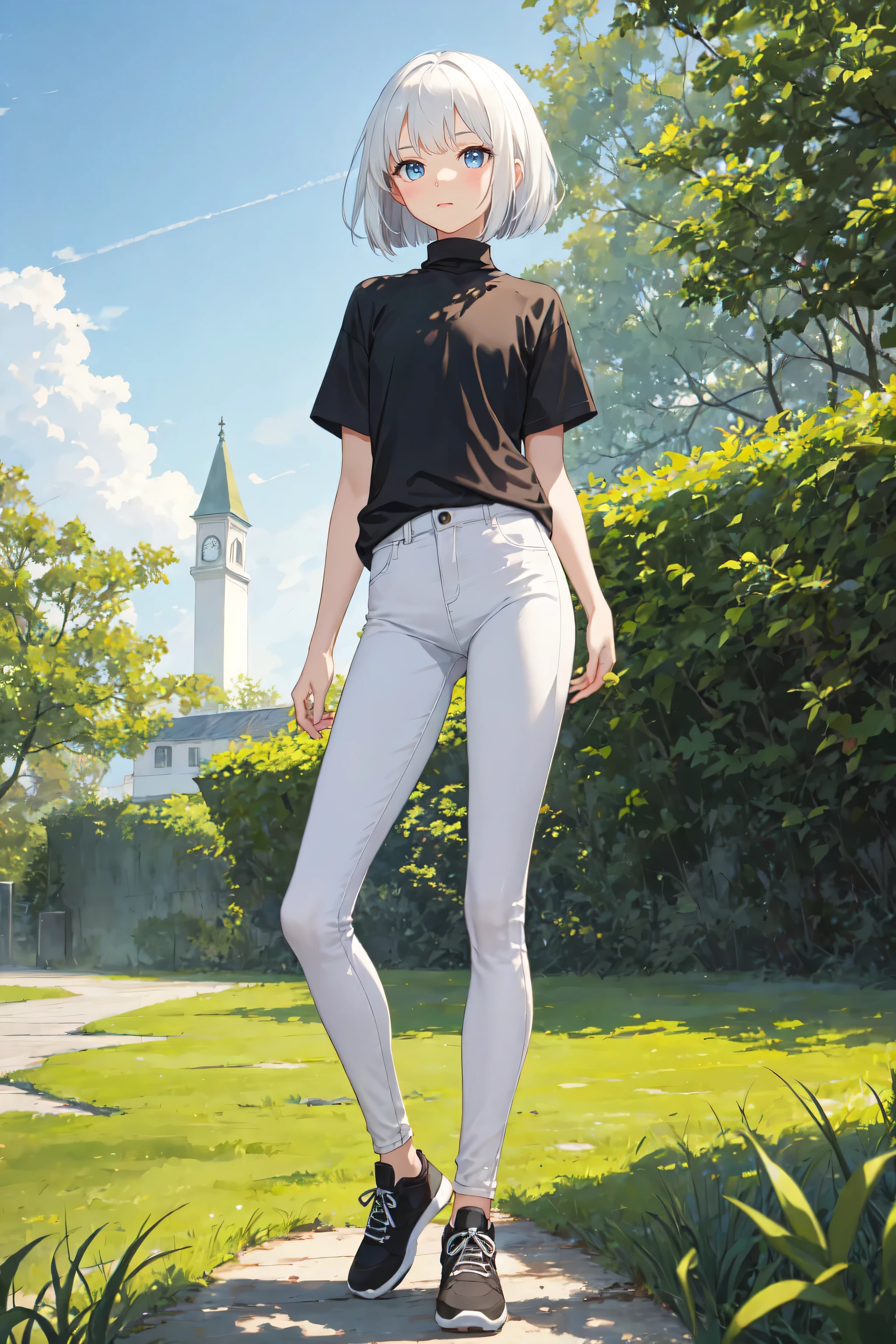 1girl, bob cut, white hair, flat chest, shirt, [black shirt::15], turtleneck, short sleeve, BREAK skinny pants, [white pants::10], black sneaker, standing, viewed from front, grass, nature, outdoor, masterpiece, best quality, highres
