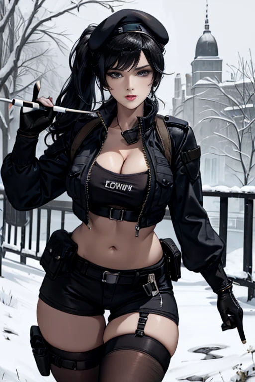  19 years old, (milf:0.8), (solo:1.5), (sfw:1.25), sexy breast, beautiful breasts, (medium tits:0.8), thin waist, big ass:1.0, Raised sexy, (black beret,black military jacket, open clothes, cleavage, midriff, black shorts, black thighhighs, thigh strap, fingerless gloves, single glove:1.2), blue eyes, light smile, big , Revimpling fabric, earrings, Hand gloves, detailed face,(hold a cigarette:1.1),long hair,side ponytail,hair between eyes,bangs,detailed and beautiful eyes,beautiful detailed lips,Rolling her eyes,manner,hair over one eye, (ultra high resolution, 8K RAW photo, photo realistics, thin outline:1.3, clear focus), best qualtiy, natural lighting, textile shading, field depth, (Bright pupils, fine detailed beautiful eyes with highlight:1.3, high detailed face), Red lip, fine realistic skins:1.1, looking down viewers:1.3, (dynamic angle:1.3, front view:1.1, breast focus:1.3, from above:1.2), (dynamic posing:1.5, sexy posing:1.2),Youghal, side lock, hair ornaments,nice,garden background,artistic rendering,Super detailed,(highest quality,4k,8K,High resolution,masterpiece:1.2),Bright colors,studio lighting ,at military base in usa
