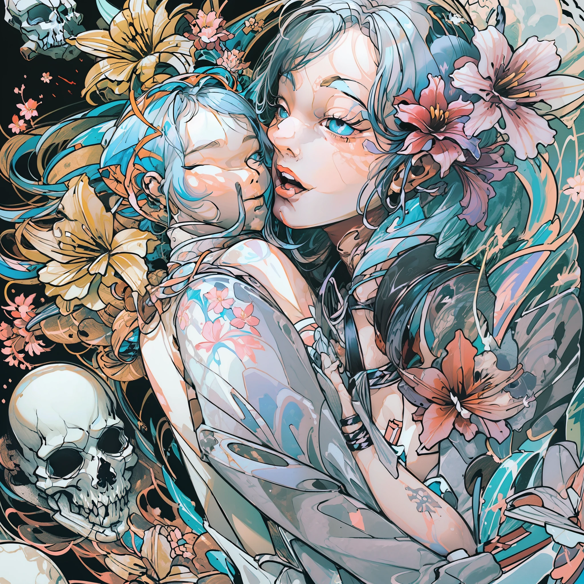 ((Create MAXZenArt!))_((One, 1 girl, tattoos, glowing tattoos, brilliant, white-fluffy 16+), (skull, Flowers), (black transparent dress-clothing)), (sexual, erotic)) _((Delicate scarlet lips), (straight black hair - long, basic moments, blue, cascade), (multi-colored brilliant hair), (cool shine, Wet straight hair))_((stylization; clear line, clear outline, high quality line drawing, shading))_((simple color palettes), (color fill, Color saturation, saturation, harmony, balance), (rich pastel colors, Pure colors), (cyberpunk))_((sexual, erotic), (simple, Minimum accessories), (Necklaces and thin rings made of silver or gold.), (simple bracelets, unusual designs, simple silhouettes), (erotic style))_((background),(abstract minimalism), (stunning cybernetic Flowers), ( lilies, extremely unusual, long stems - large stems, skull, Flowers)).