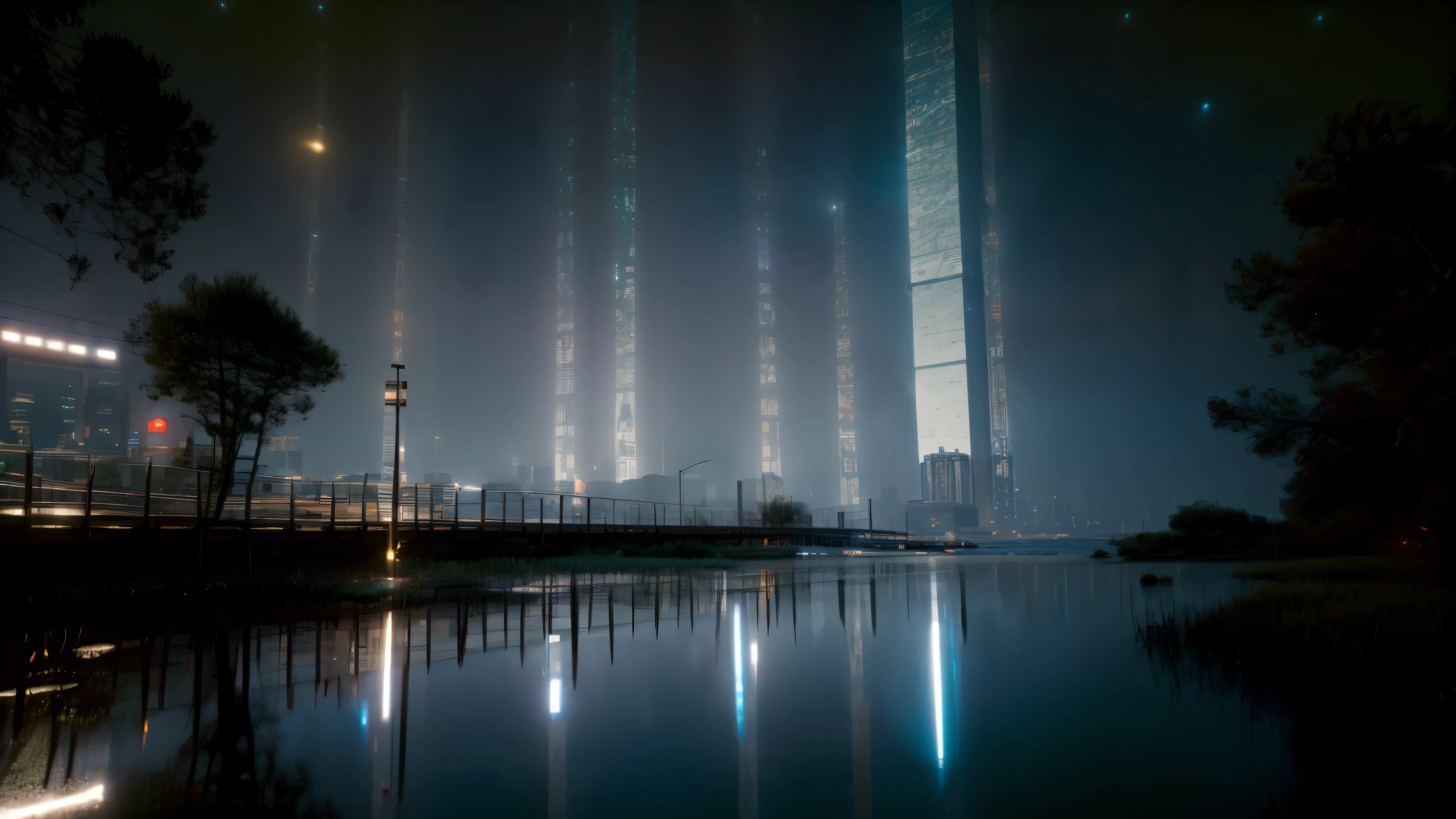 Night city, pitch dark, advertsement everywhere, night time, view from the road, city life, calming atmosphere, beautiful reflections, beautiful light, reflection light, ray tracing, glowing light, wide shot, from below, highres, best quality, high quality, award winning, high details, UHD, masterpiece, ccurate, 8k