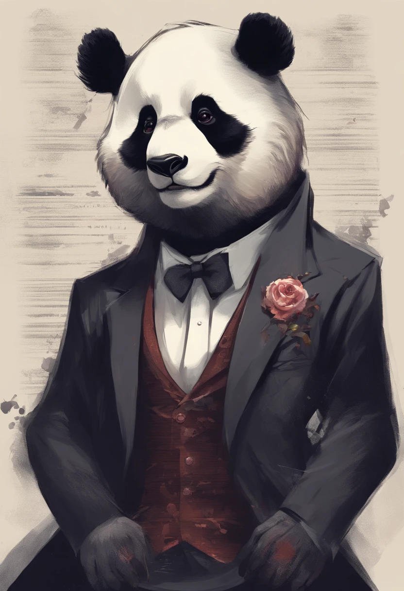 anthropomorphic panda, de cuerpo entero, vestido formalmente con un blazer, sostiene una bandeja, pegatina de panda, sticker de panda.