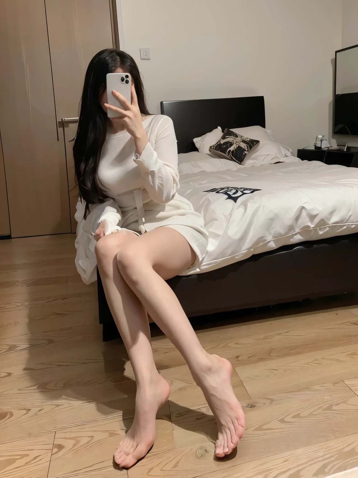 (best quality,8k,highres,masterpiece:1.2),ultra-detailed,realistic,portrait, 1 Taiwan woman,solo, Tall, slightly fat,attractive pose,sitting on the floor taking a selfie, wearing a beautiful white dress, Taiwanese girl, captivating photo, taken with iPhone in the bedroom, holding a smartphone, iPhone, sitting in front of a mirror, shooting from the waist up, indoor image，slim and elegant fingers, well-maintained glossy hair, soft and natural lighting, vibrant colors, pleasant and warm color tone, intricate patterns on the floor, peaceful atmosphere, the reflection of the mirror adds depth to the composition.