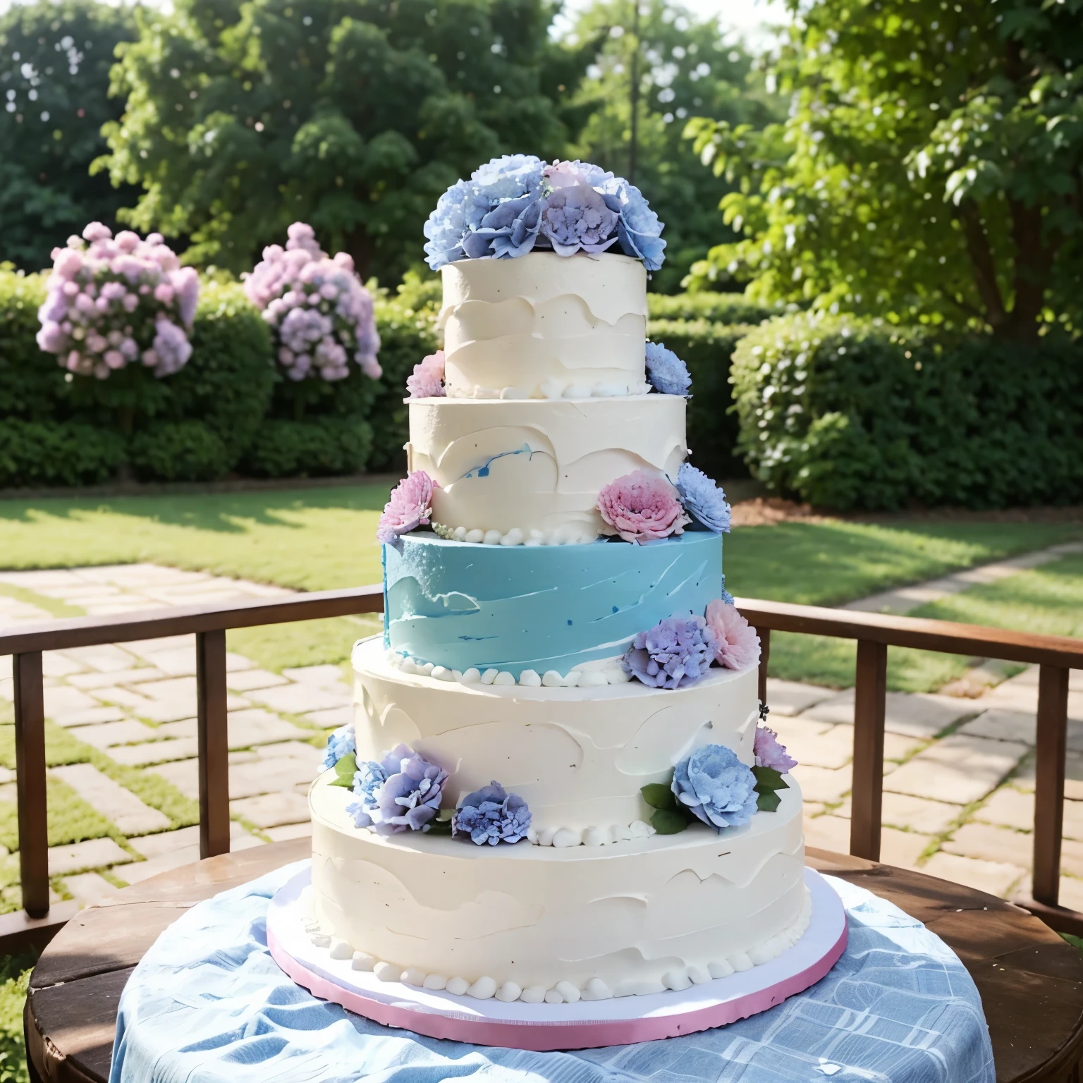 Six-tier cake decorated with blue and pink hydrangeas and birds