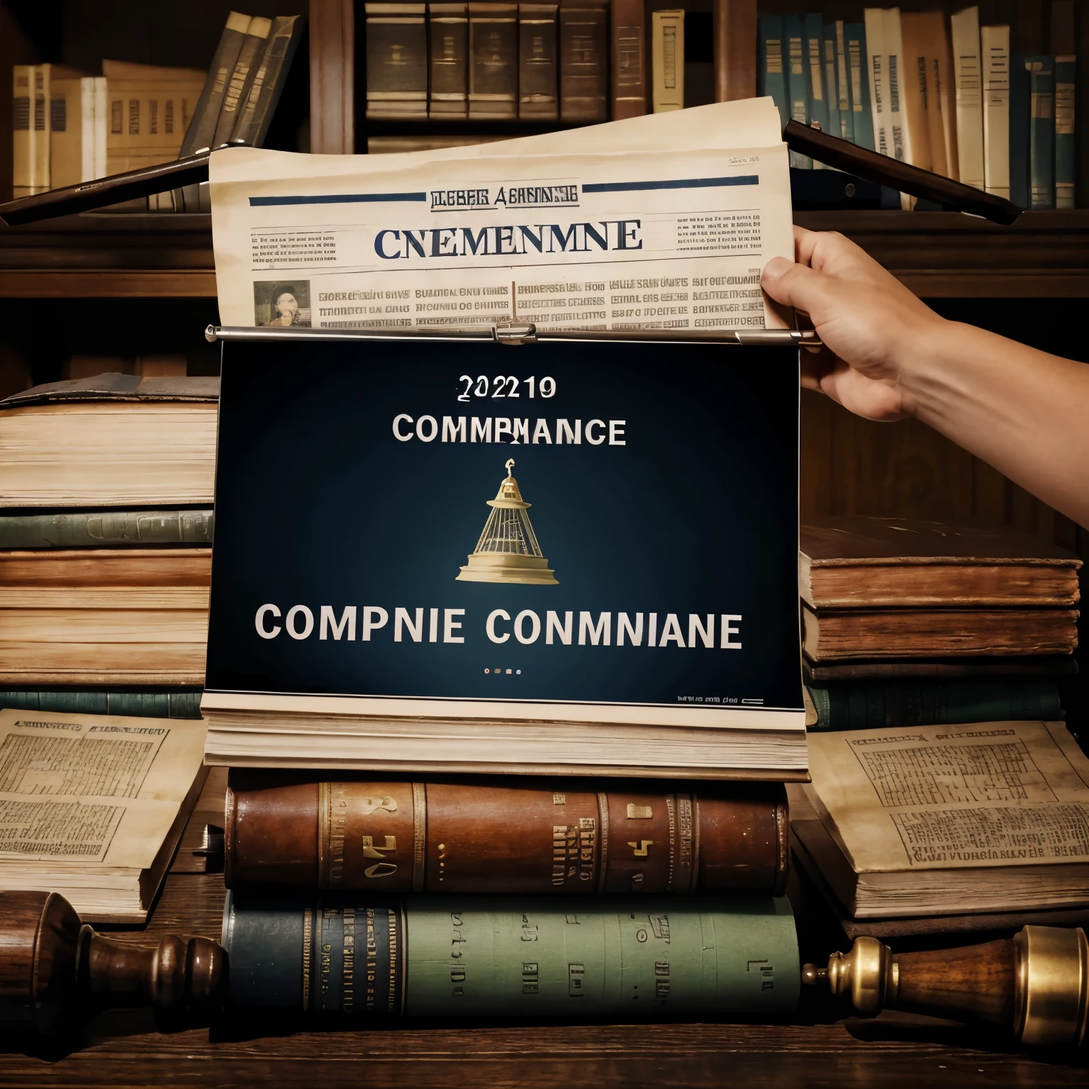 "A landscape-mode banner for a legal news committee, featuring elements such as:
* A scale of justice
* A gavel
* A law book or a stack of books
* A newspaper or a newsfeed screen
* A calendar or a clock to represent upcoming events
* A tagline or title that reads 'Legal News Committee' or similar