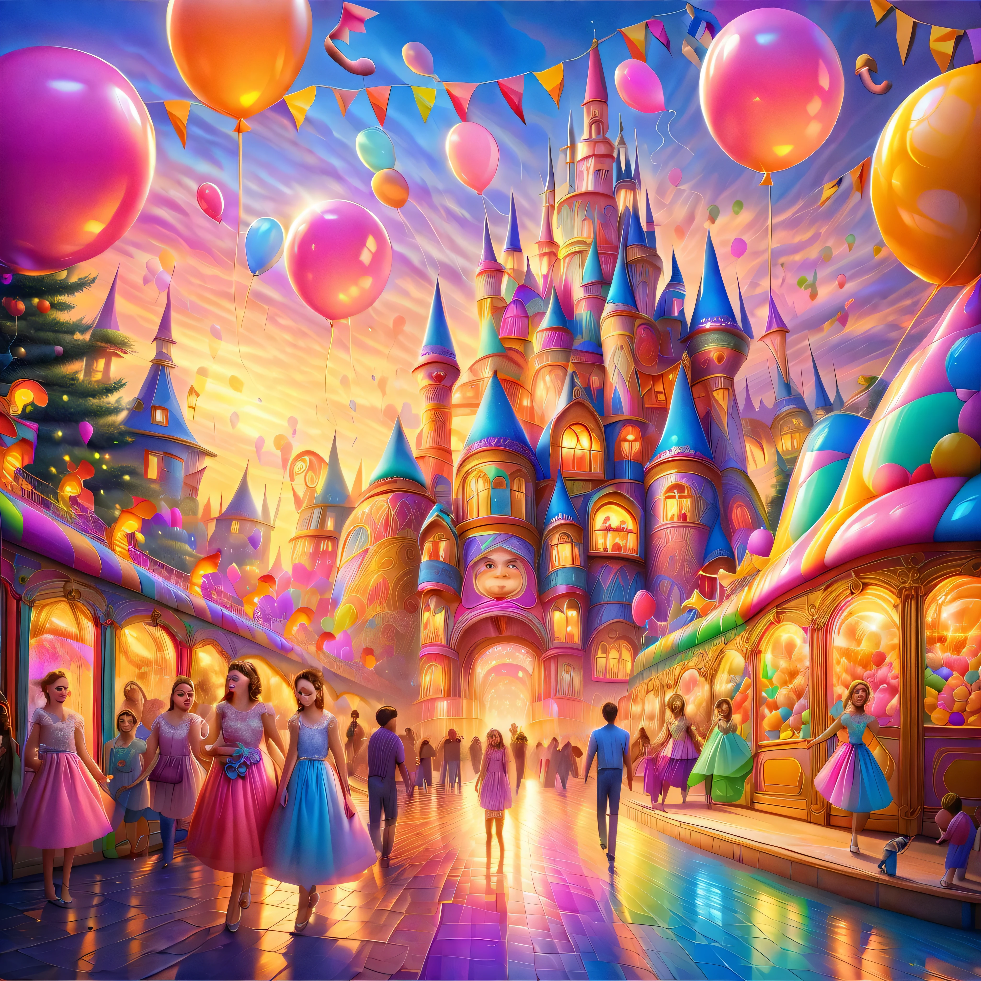 A sunset over a vibrant Candyland, with colorful balloons, ice cream, and drinks 🎈🍦🍹❤(😘👩🎀👗⚜👒👡💅)🎪🎢🎡🎠. The scene is full of excitement and joy, with a variety of attractions. The sky is ablaze with a mix of warm and cool tones, creating a stunning backdrop. The lighting is soft and golden, casting a warm glow over the entire landscape. The vibrant colors of the candy-inspired structures stand out against the pastel sky. The candy-themed buildings are adorned with intricate details, from candy canes to lollipops, creating a whimsical and magical atmosphere. The balloons float in the air, adding an element of playfulness and fun to the scene. The air is filled with laughter and happy chatter as people enjoy the festive atmosphere. The characters are beautifully dressed, with elegant outfits and delicate accessories. Their eyes shine with excitement and anticipation, while their lips display a cheerful smile. The girls' dresses are adorned with bows and ribbons, adding a touch of femininity to their appearance. The scene captures the beauty of friendship and the enjoyment of a carefree day at the amusement park. The overall image quality is of the highest standard, with a focus on every minute detail. The image is ultra-detailed, bringing to life every aspect of the scene. The colors are vivid and vibrant, enhancing the magical atmosphere of the Candyland. The lighting is carefully crafted, creating a sense of depth and dimension. The photorealistic rendering adds a sense of realism to the artwork, making it appear almost like a photograph. The art style combines elements of both illustration and photography, creating a unique and captivating visual experience. The colors are carefully chosen to evoke a sense of wonder and enchantment. The scene is bathed in warm hues, creating a dreamlike ambiance. The lighting highlights the key features of the landscape, adding depth and dimension to the image. In summary, the prompt describe a beautiful sunset candyland